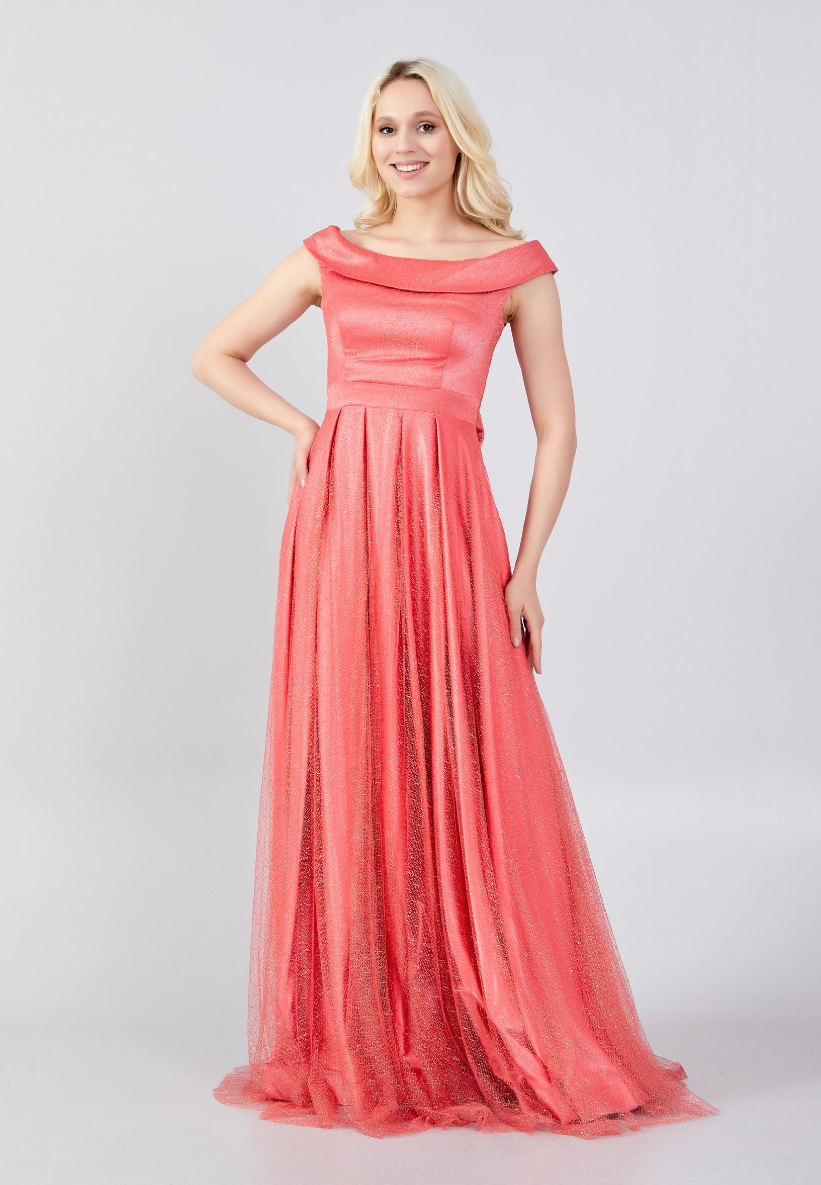 Off Shoulder Maxi Tulle A - Line Regular Prom Dress prl775 main image 1