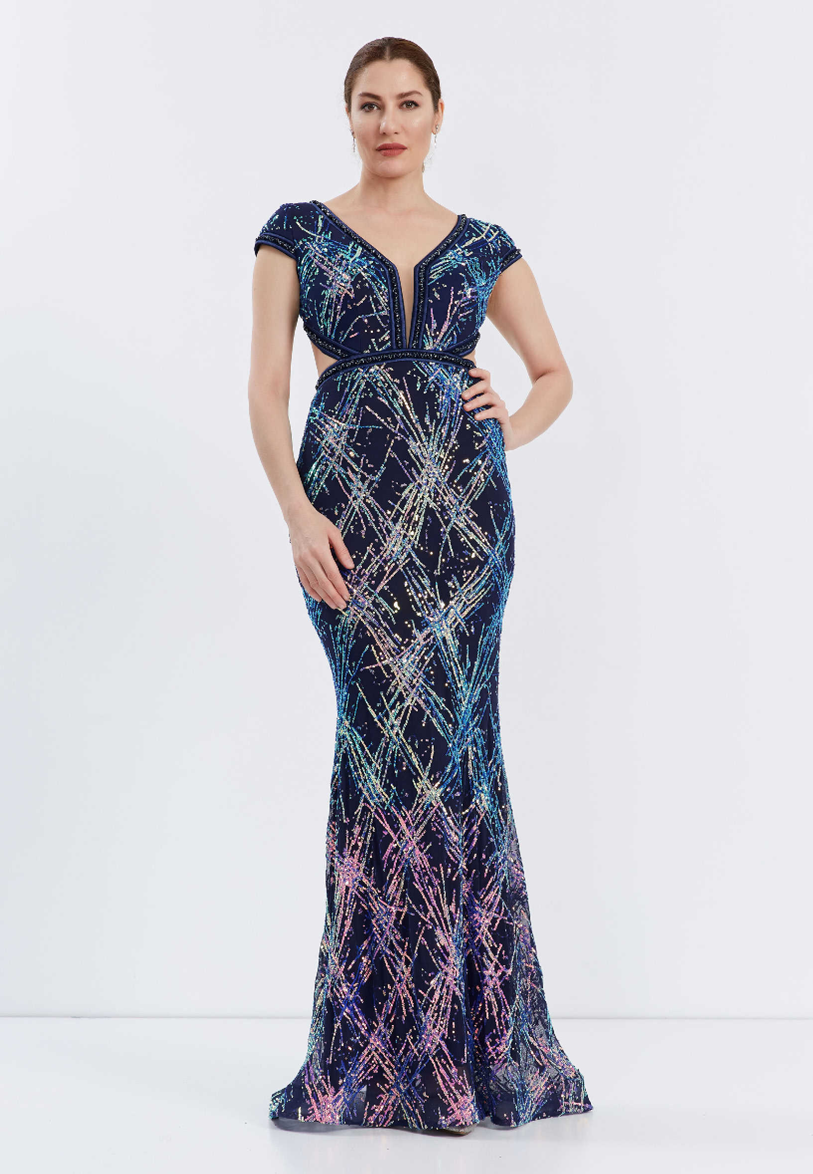 Sexy Mermaid Short Sleeves Satin Sequin Long Sequin Prom Dresses C836