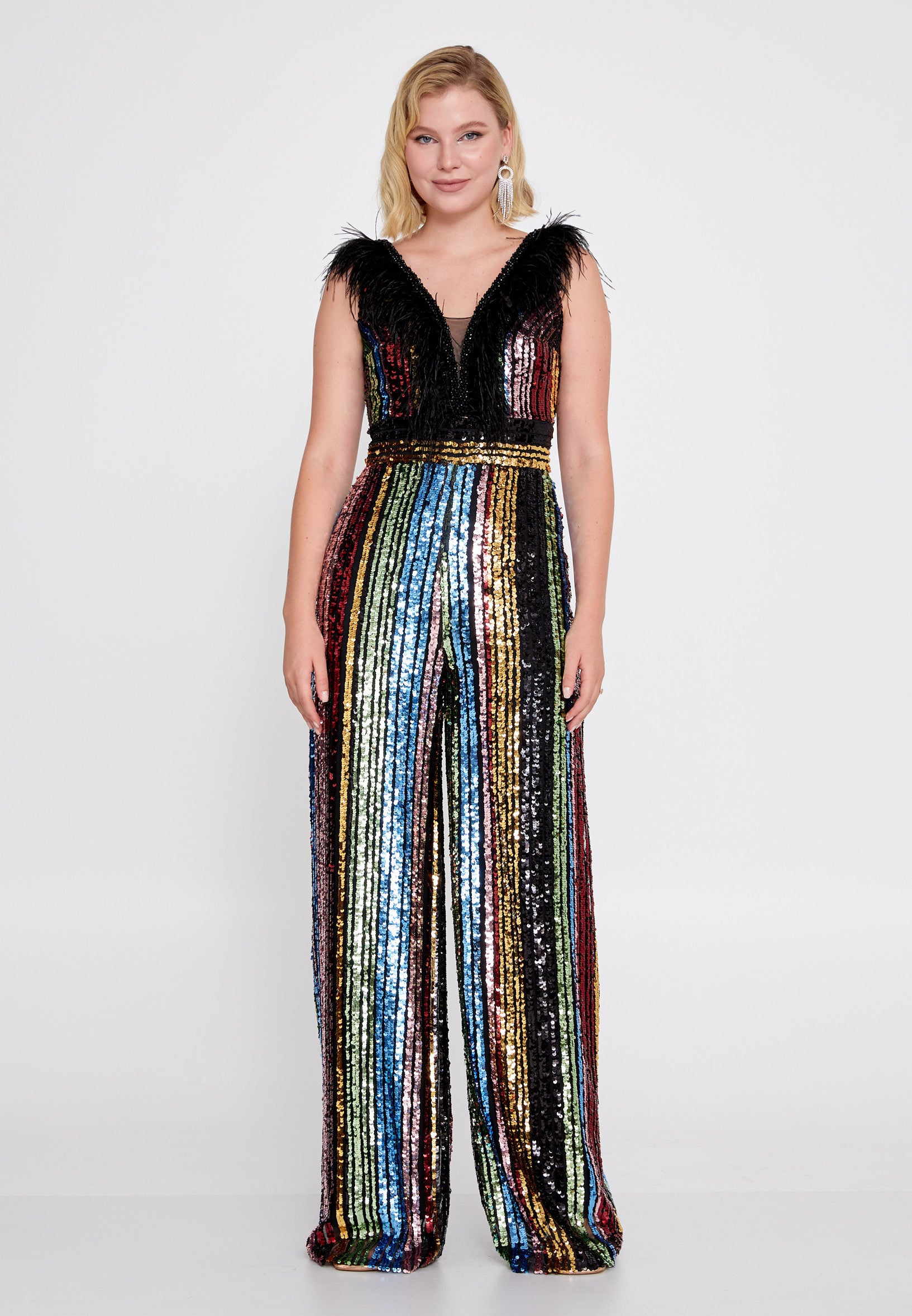 Gold Sequin Sequin Striped Jumpsuit Shop Sequin Striped Jumpsuit Top Sale  One Above Another Wide Leg