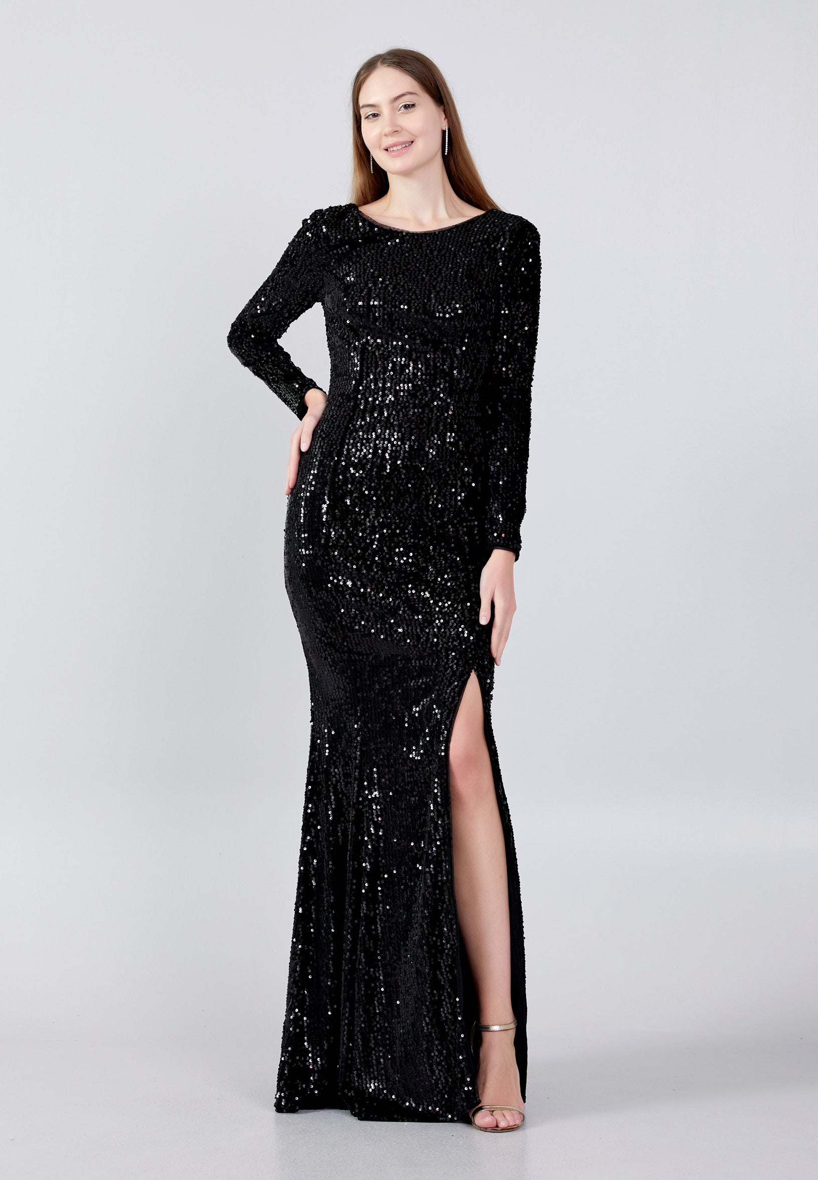 Long Sleeve Maxi Sequin Mermaid Regular Prom Dress oli7626