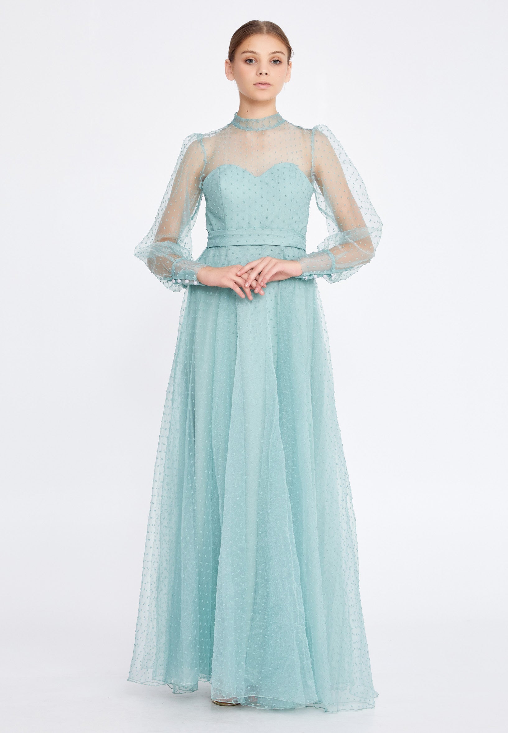 Short Sleeve Maxi Tulle A - Line Regular Prom Dress mtn88190 main image 0