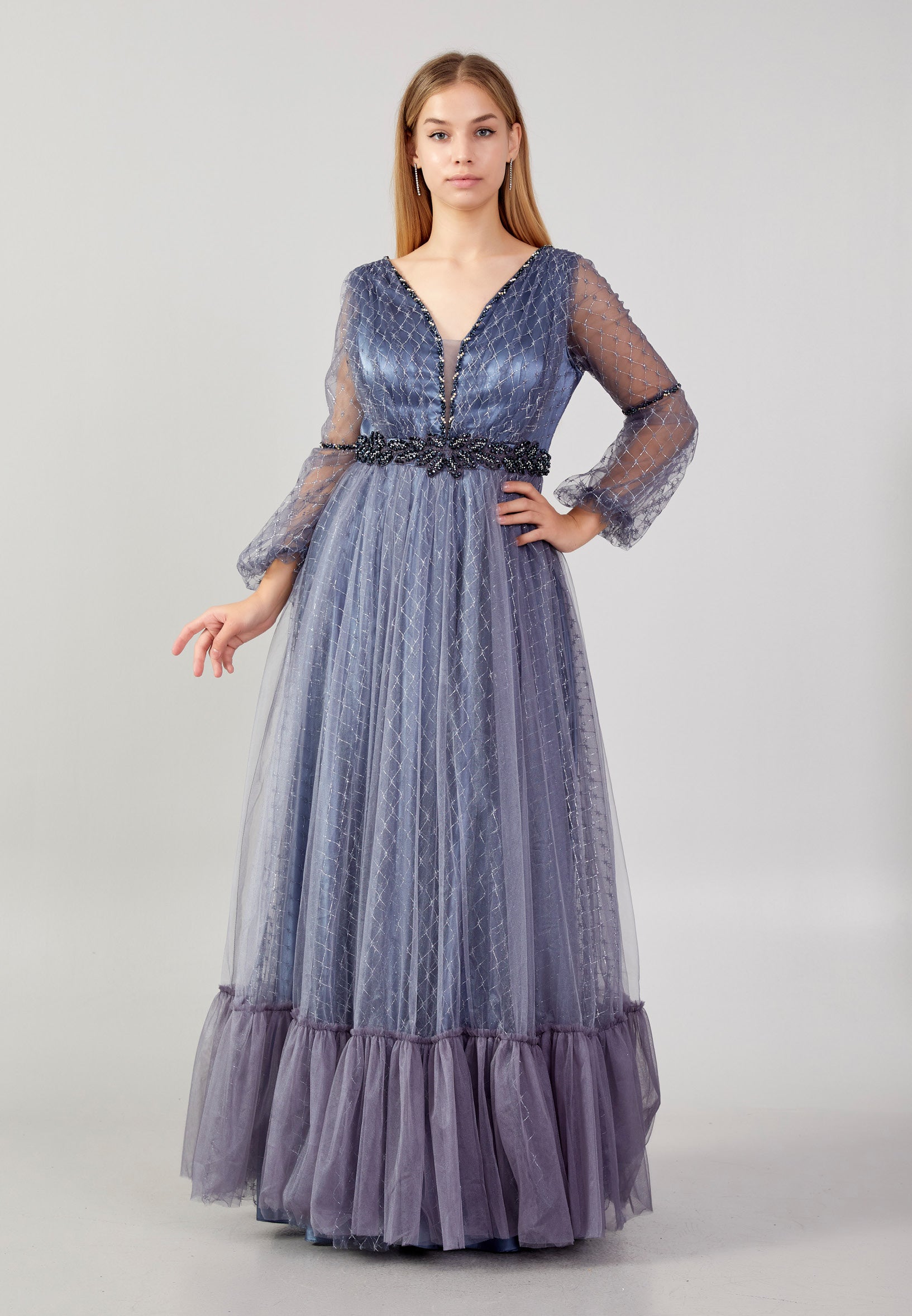 Long Sleeve Maxi Tulle A - Line Plus Size Prom Dress Swr2292-B Anthracite / 44-46-48 Long Sleeve Maxi Tulle A - Line Plus Size Prom Dress Swr2292-B Anthracite / 44-46-48