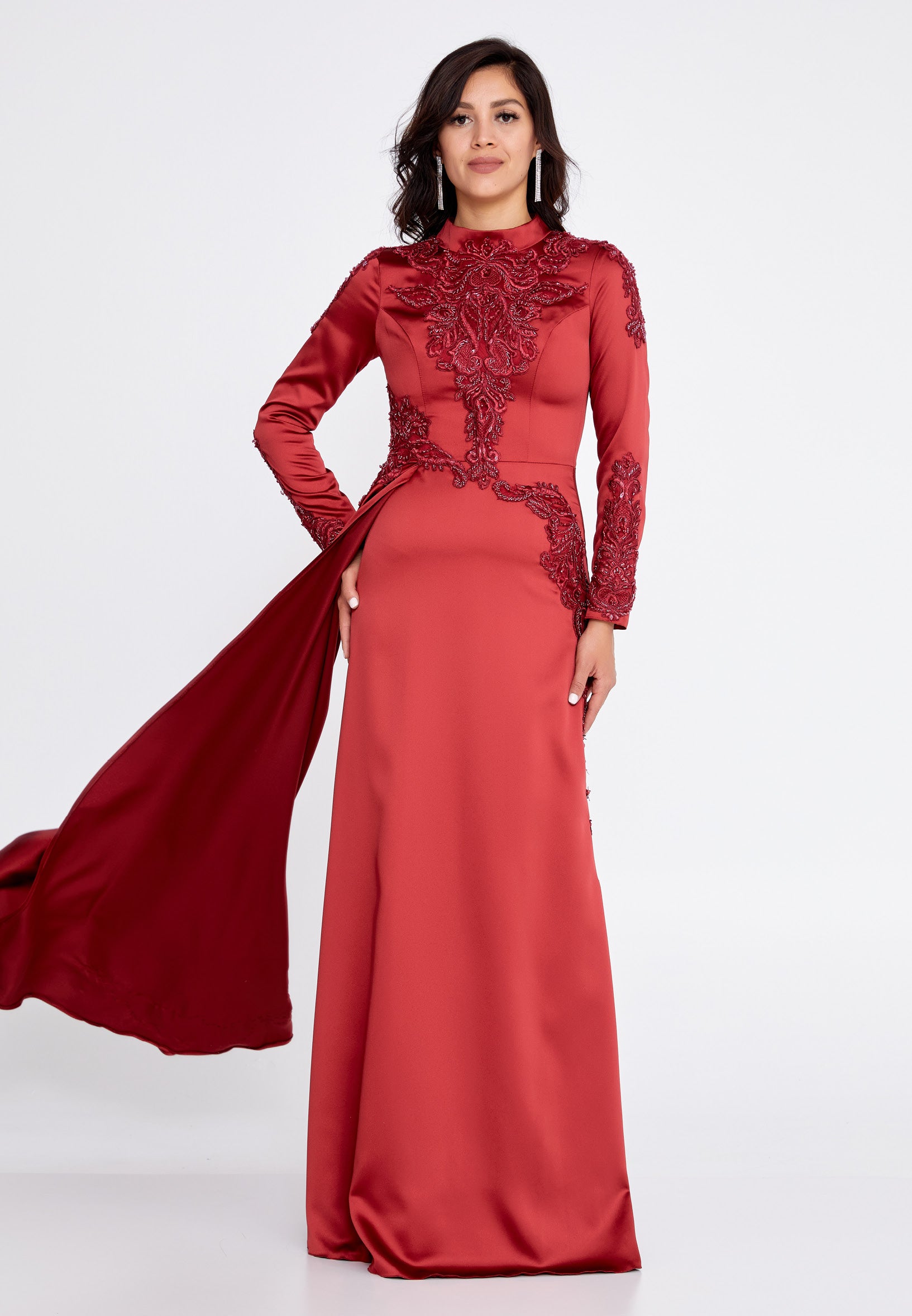 satin red maxi wedding guest dress