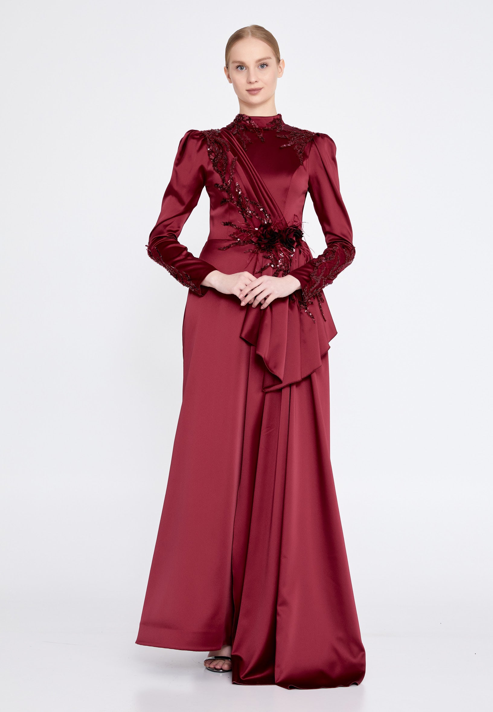 Long Sleeve Maxi Satin Mermaid Regular Wedding Guest Dress gzk7008 Burgundy / 40 Long Sleeve Maxi Satin Mermaid Regular Wedding Guest Dress gzk7008 Burgundy / 40