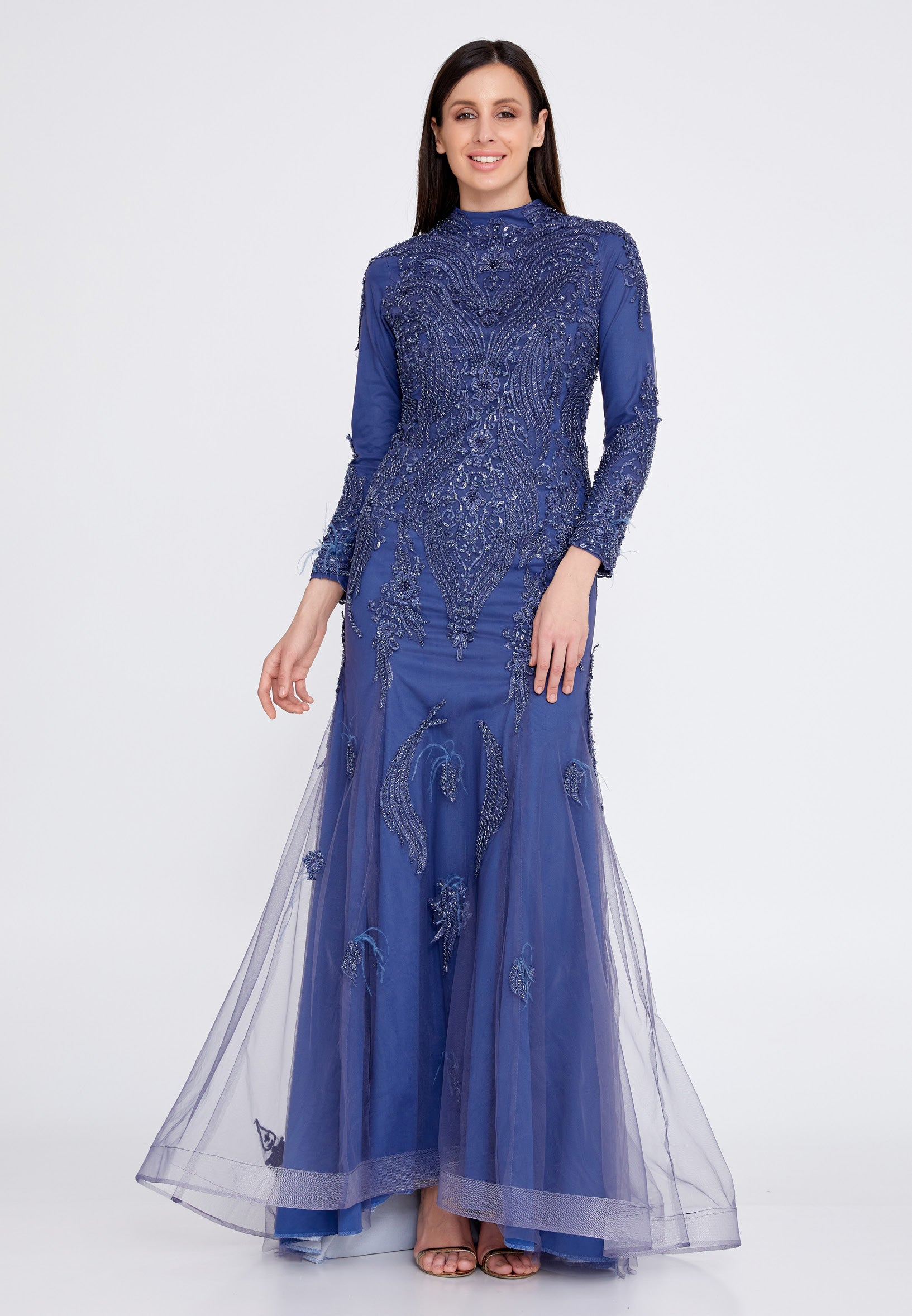 Long Sleeve Maxi Tulle Fit & Flare Regular Prom Dress gzk7013