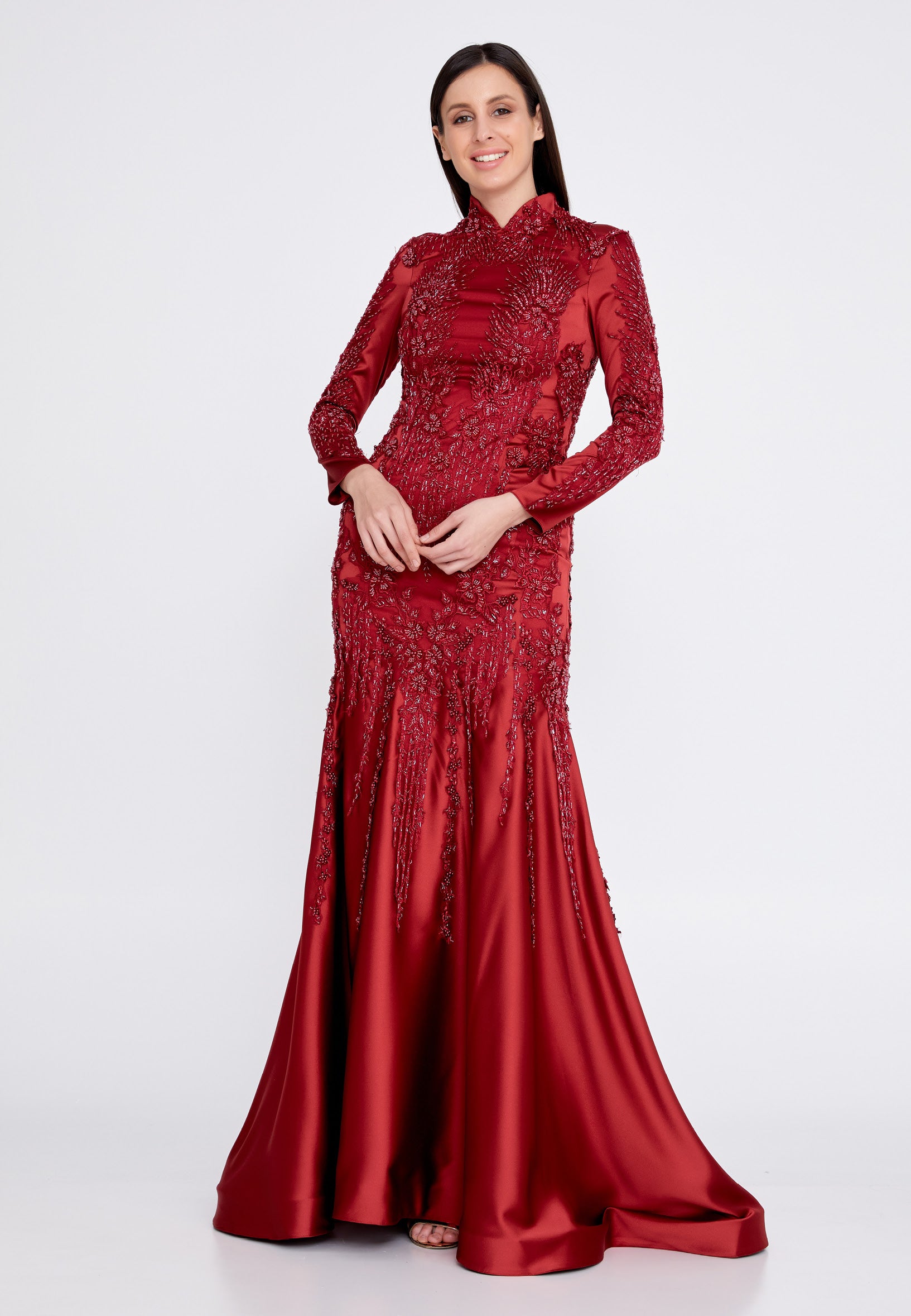 Long Sleeve Maxi Satin Fit Flare Regular Prom Dress gzk7014