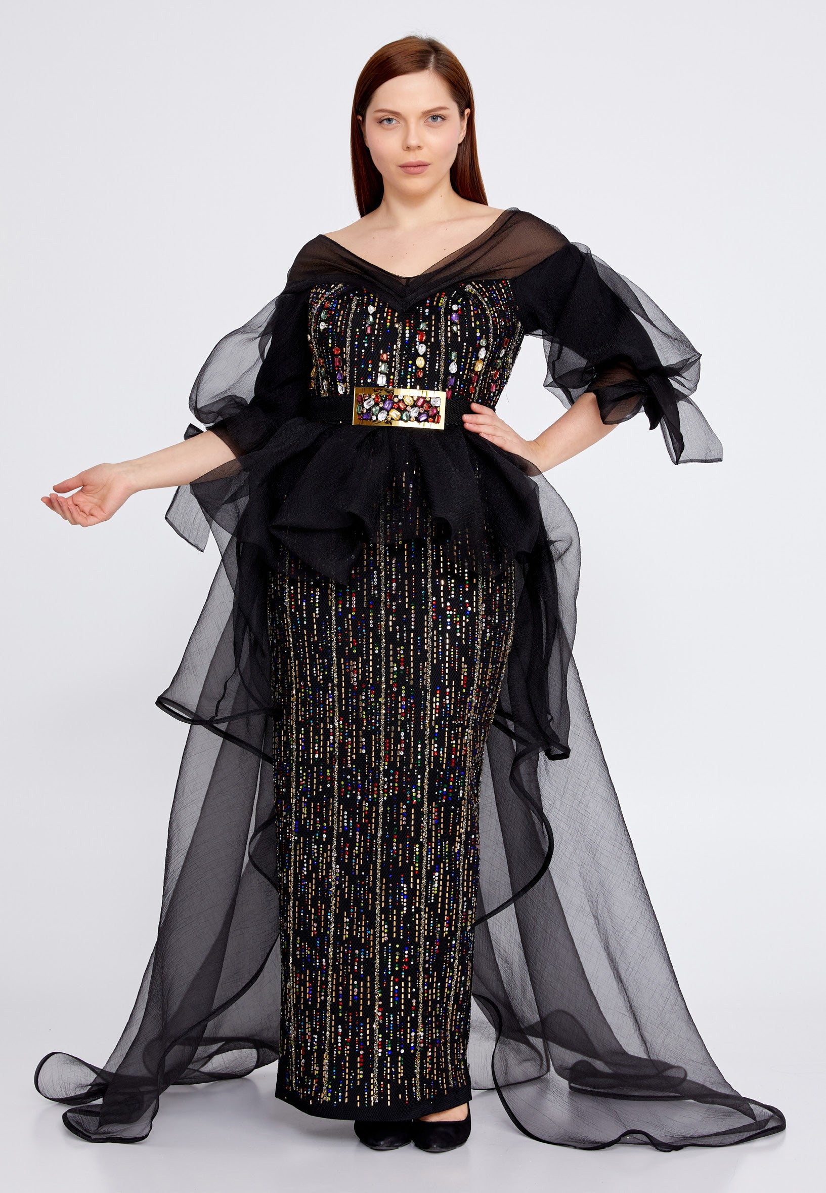 Short Sleeve Maxi Chiffon A - Line Plus Size Prom Dress Crm0880-B Black / 44-46-48 Short Sleeve Maxi Chiffon A - Line Plus Size Prom Dress Crm0880-B Black / 44-46-48