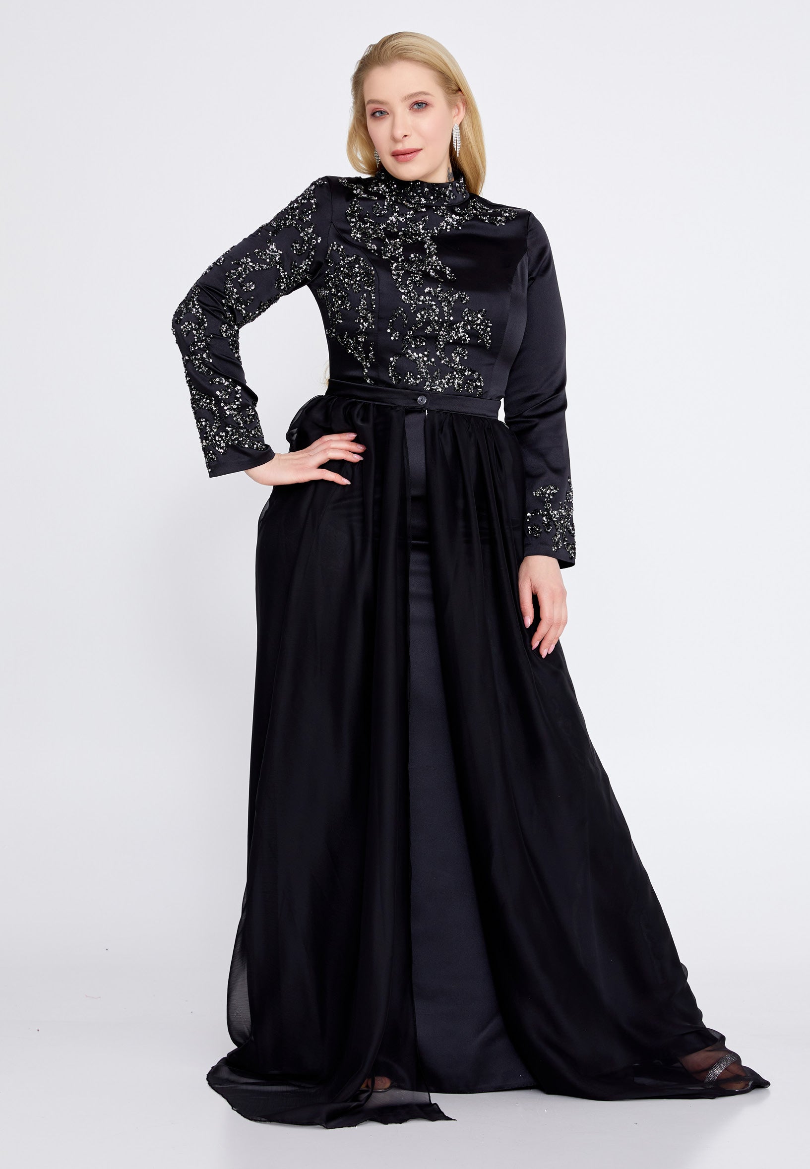 Long Sleeve Maxi Satin Mermaid Plus Size Wedding Guest Dress eck9008-1