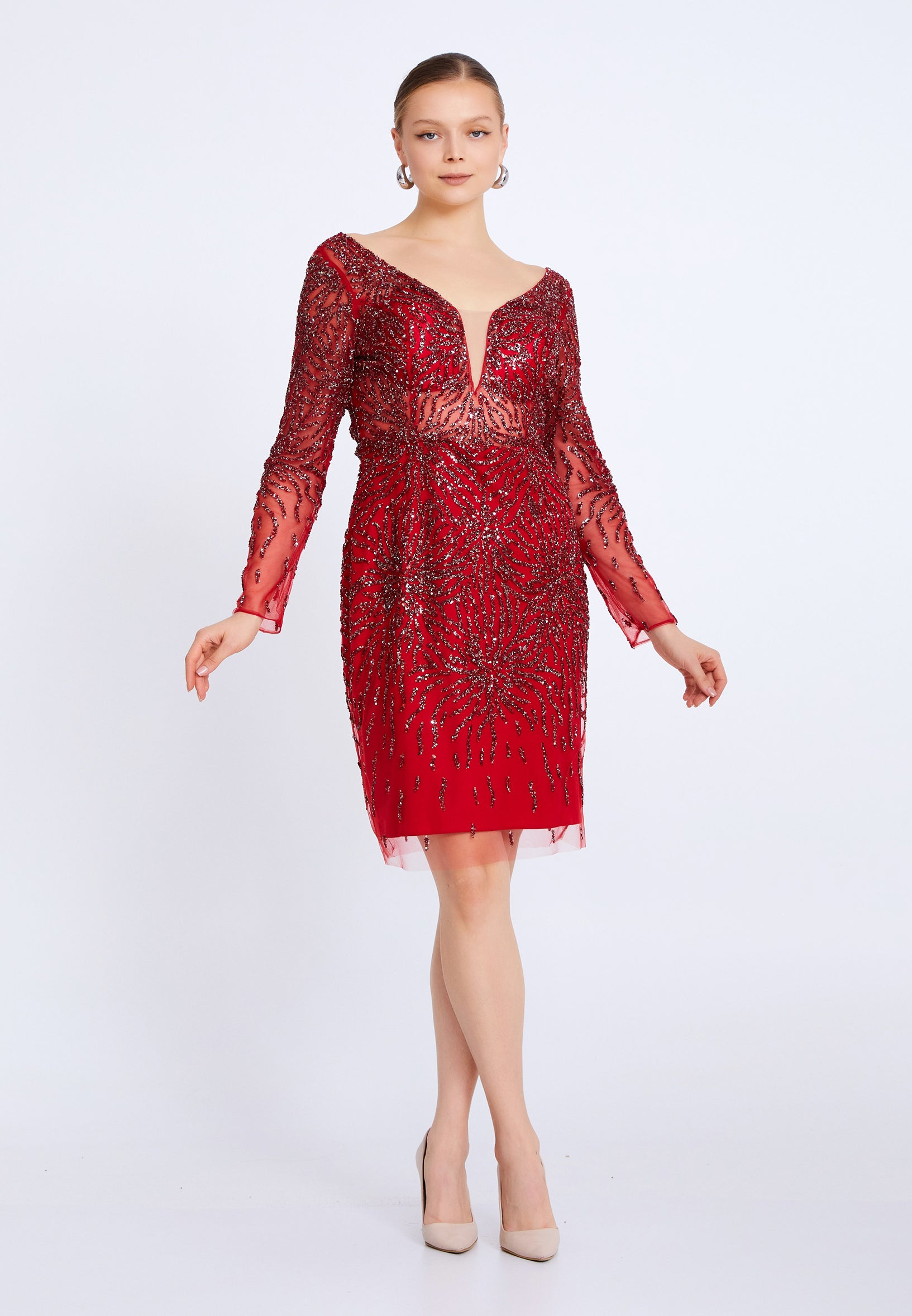 knee length dresses for ladies Long Sleeve Midi Tulle Column Plus Size Cocktail Dress aln1522