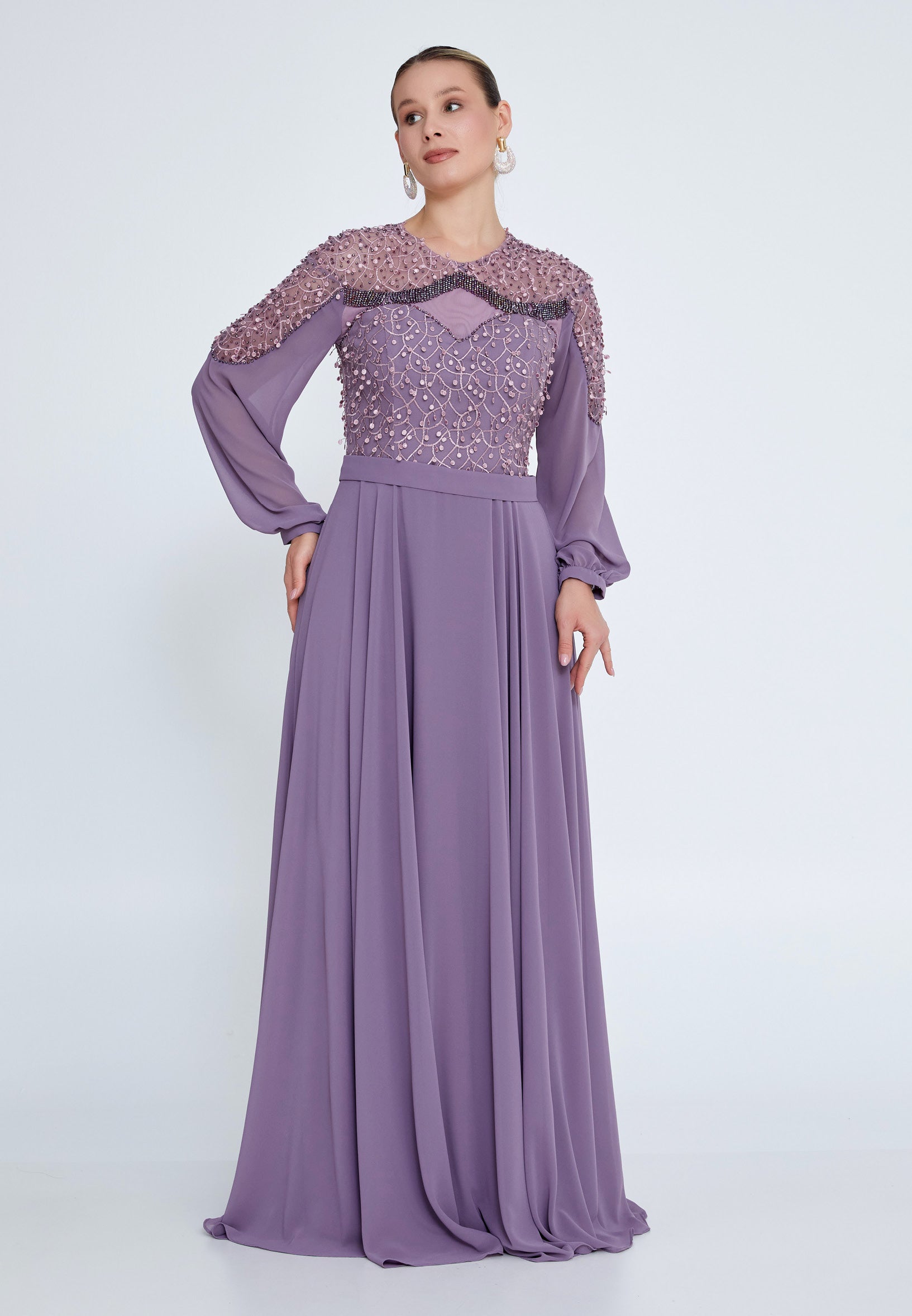 Long Sleeve Maxi Chiffon Column Regular Wedding Guest Dress gzk7012
