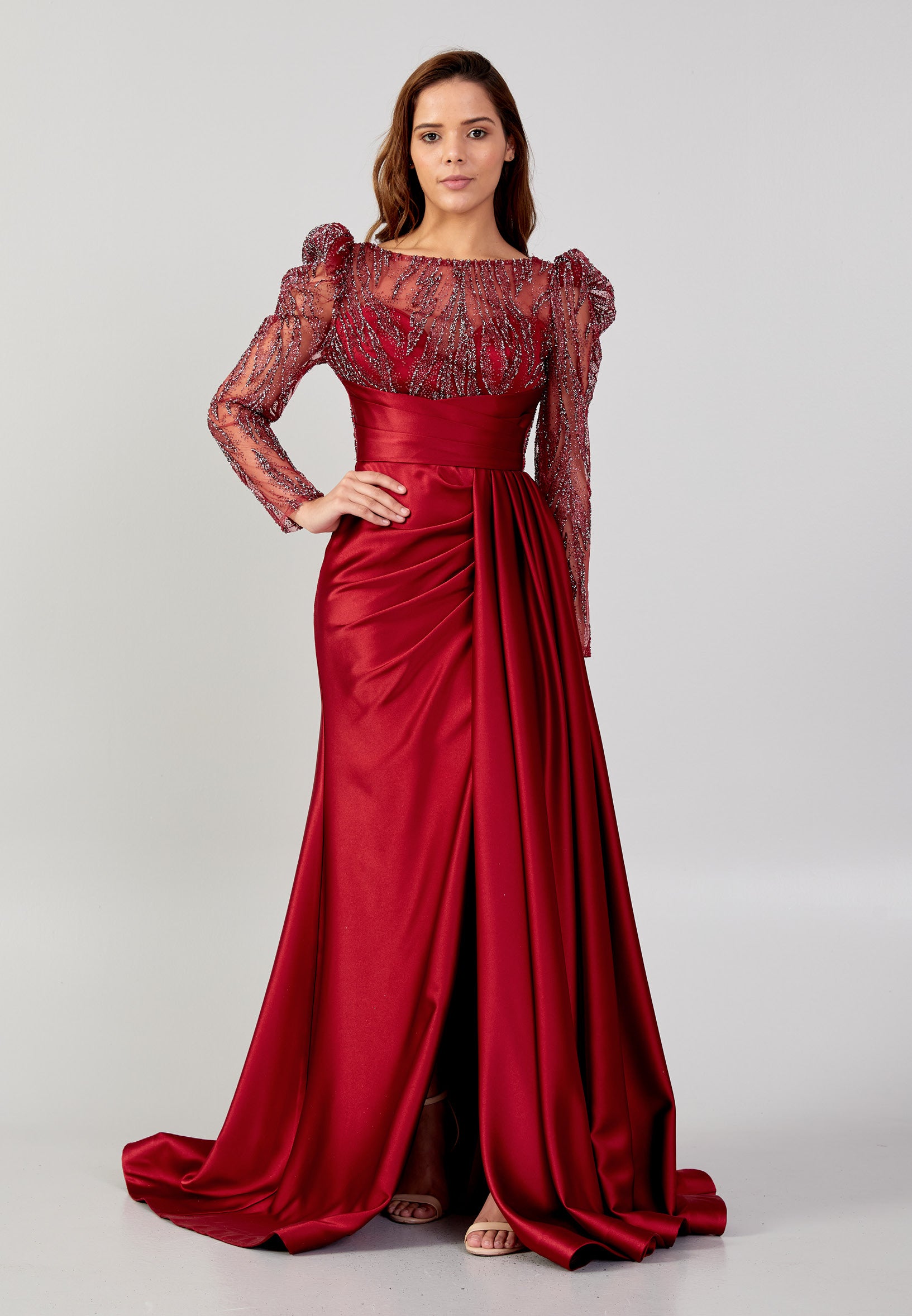 Long Sleeve Maxi Satin Mermaid Regular Wedding Guest Dress bel4643