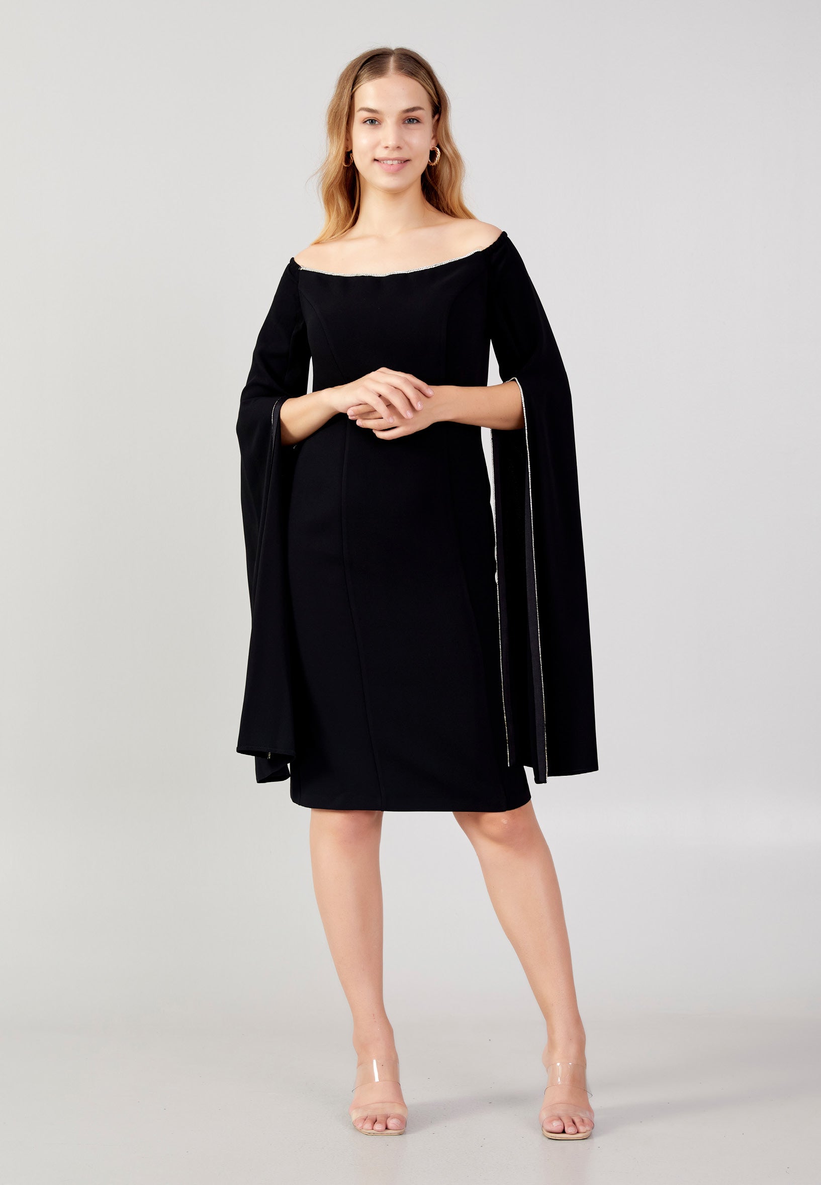 off shoulder midi dress plus size Off Shoulder Midi Crepe Column Plus Size Evening Dress jnm23-378-b