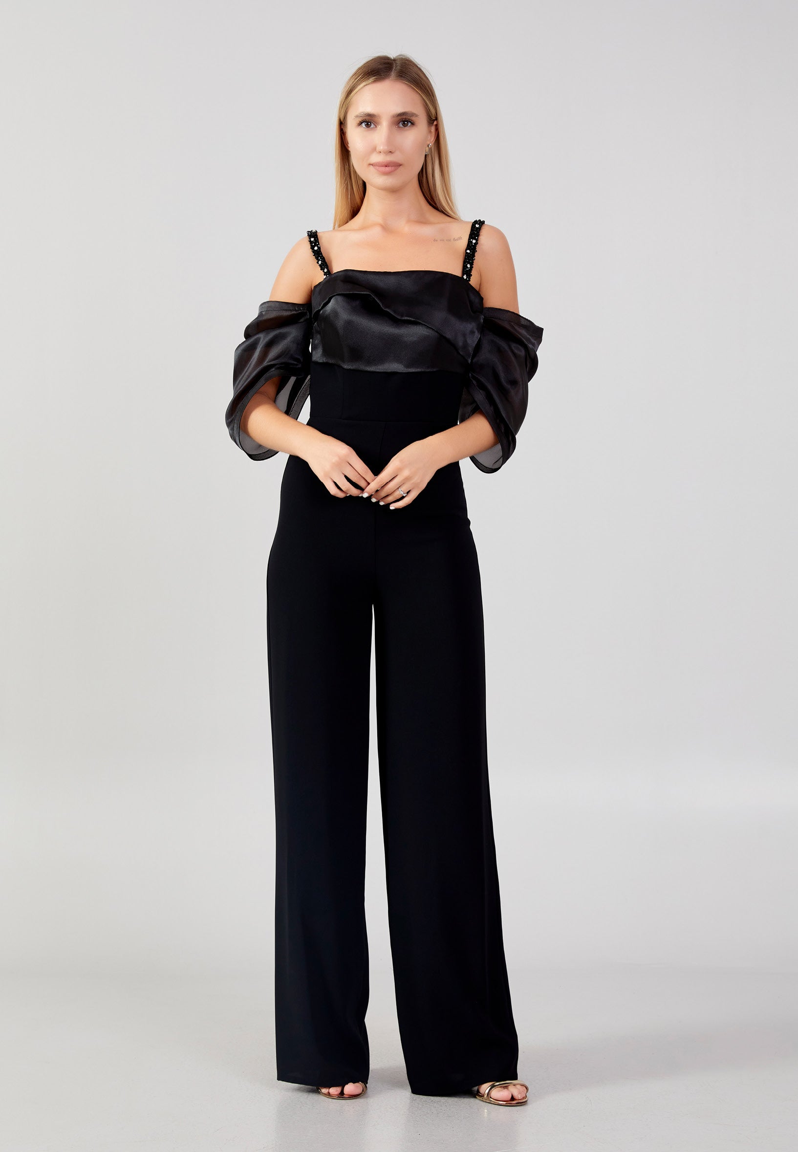 Off Shoulder Crepe Regular Fit Regular Evening Jumpsuit snf4005