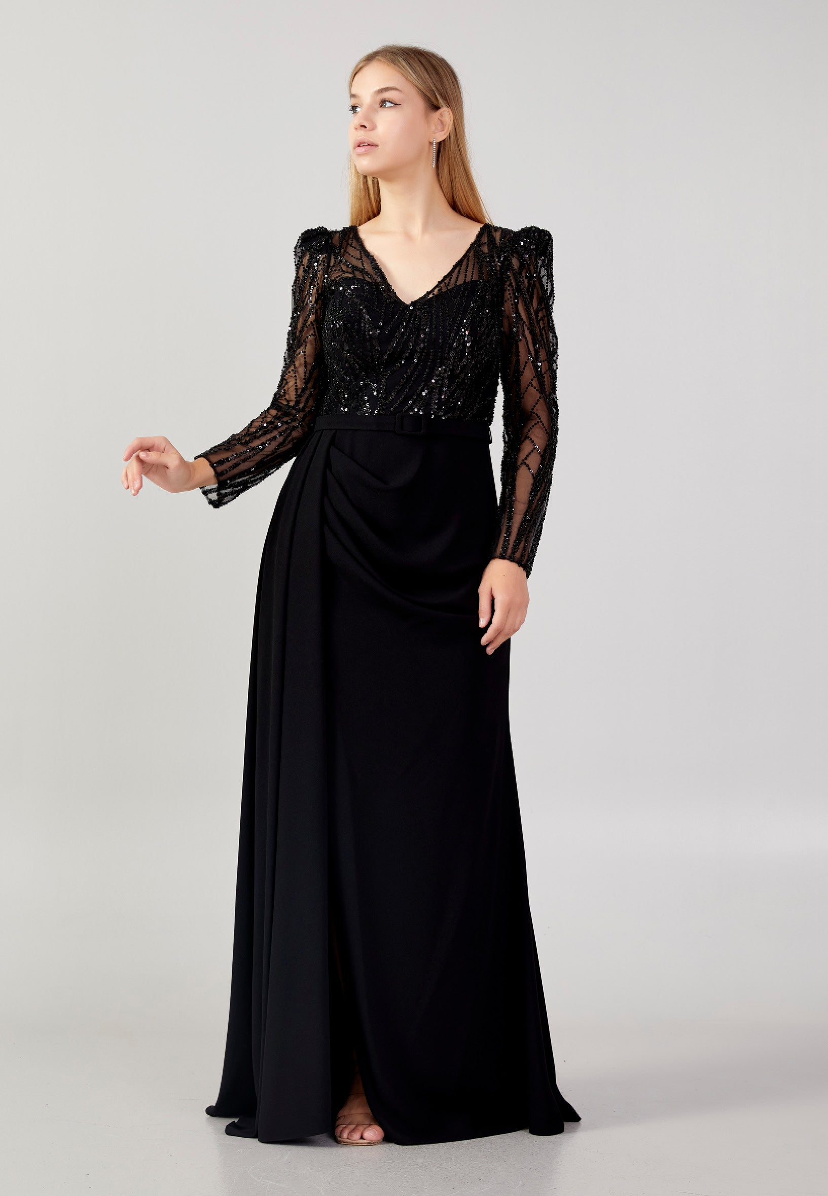 Long Sleeve Maxi Chiffon Column Plus Size Wedding Guest Dress gzk7012-1