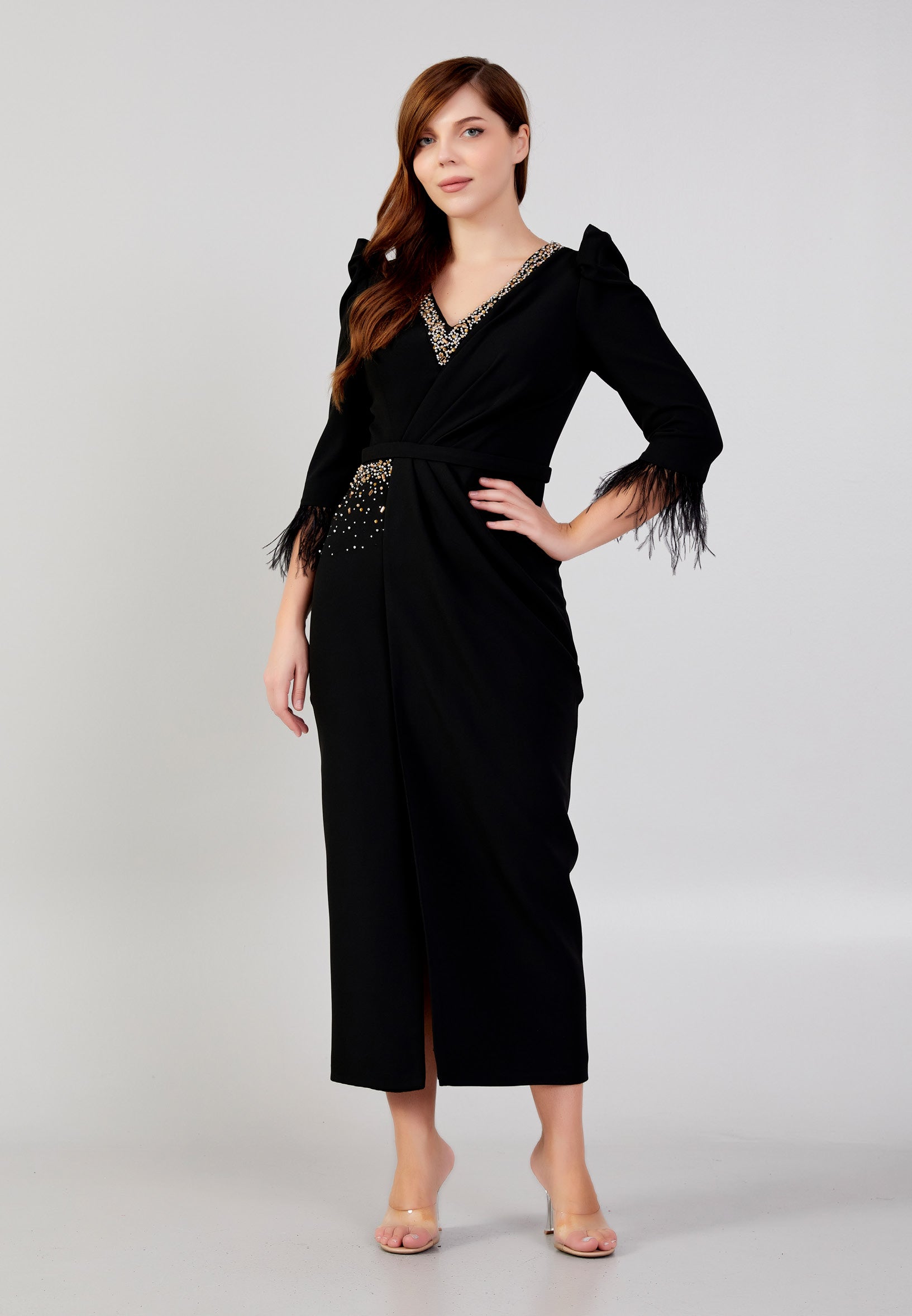 Mid-Length Midi Crepe Column Plus Size Evening Dress jnm23-361-b
