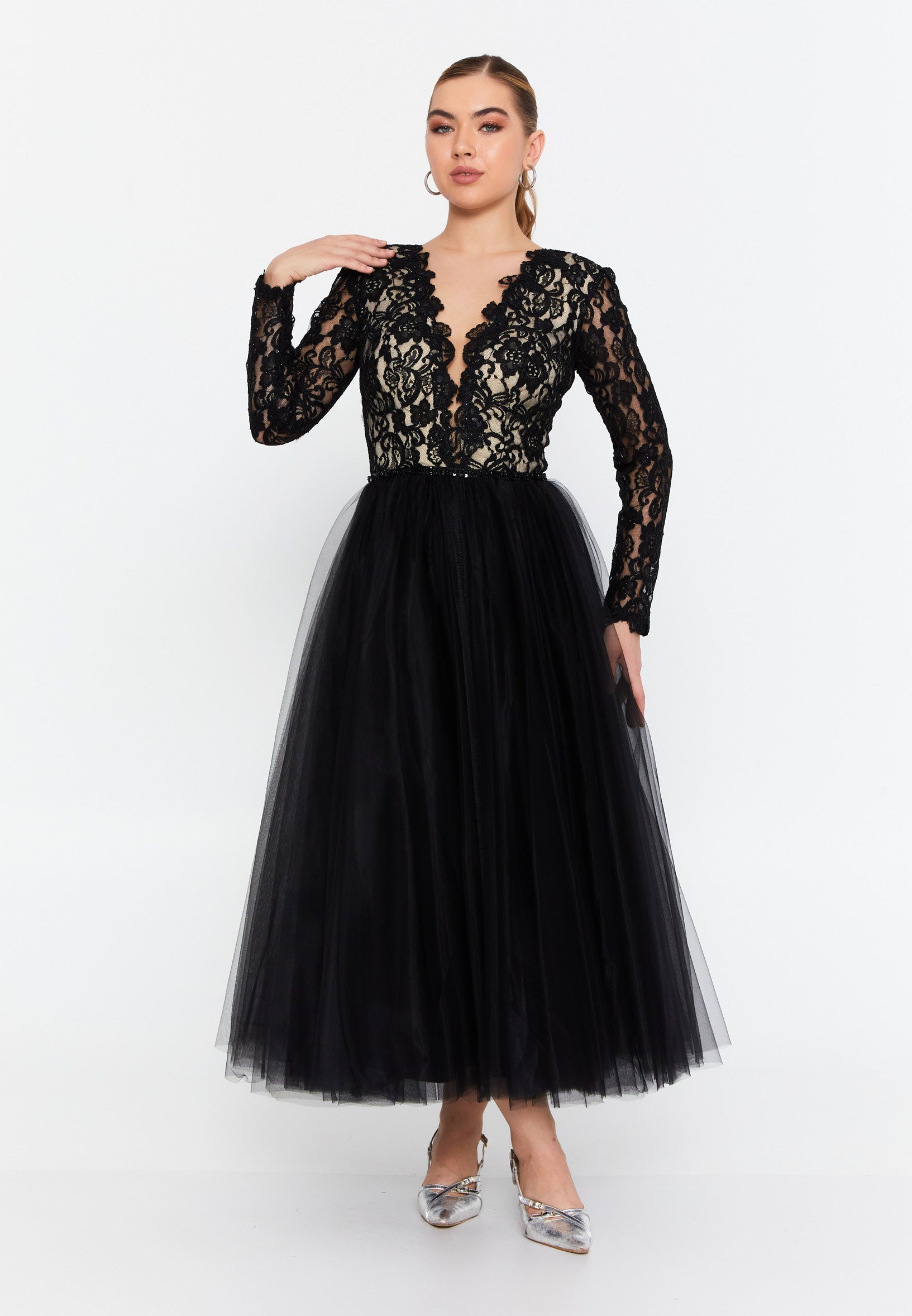 Long Sleeve Midi Tulle A - Line Regular Prom Dress prl732 Long Sleeve Midi Tulle A - Line Regular Prom Dress prl732