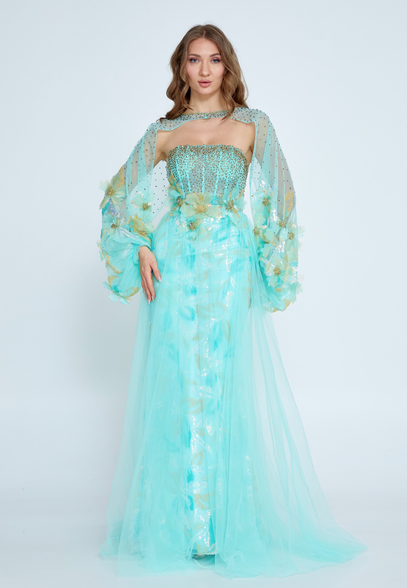 green stained dresser Long Sleeve Maxi Tulle Column Regular Wedding Guest Dress mties23038