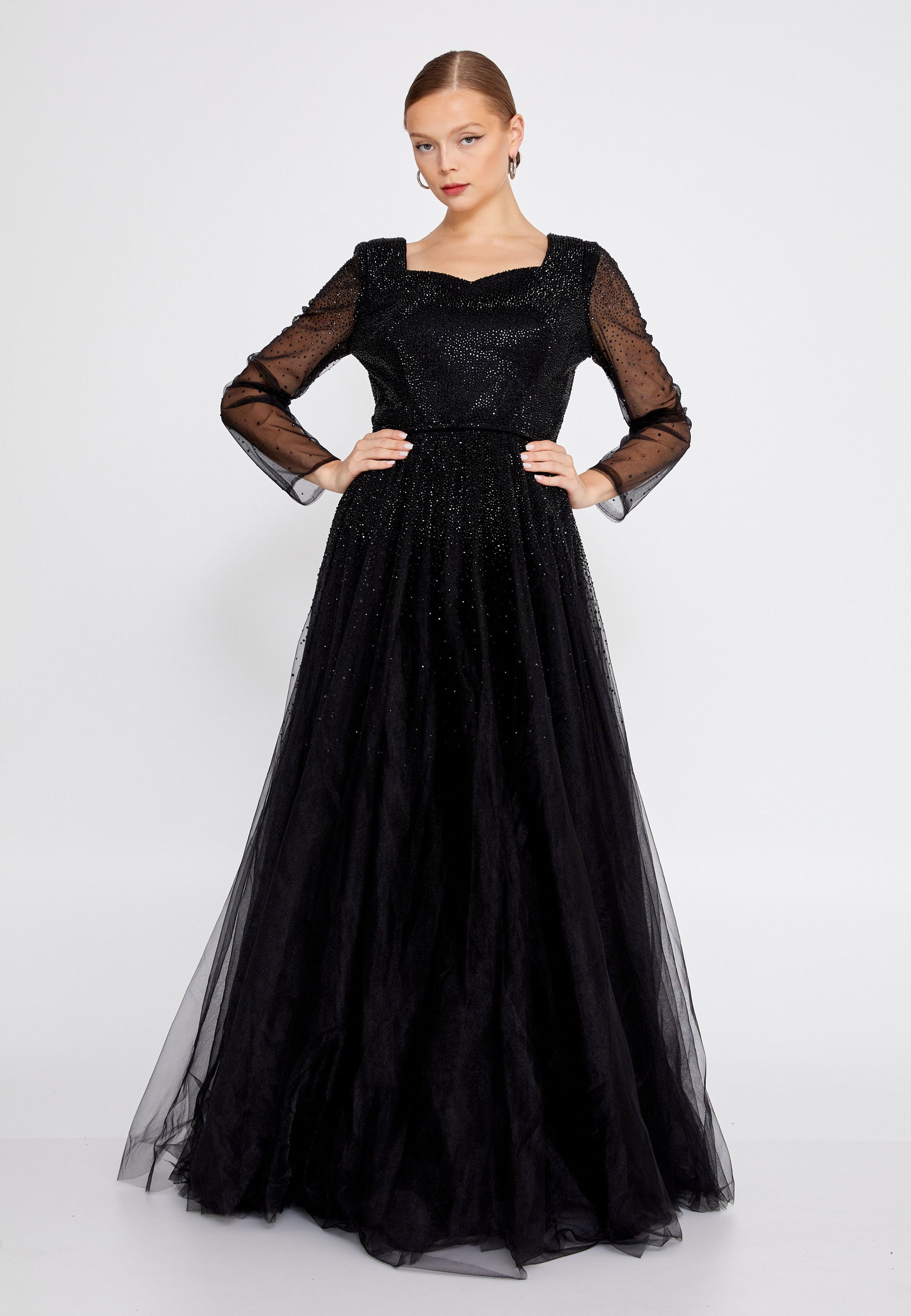 Long Sleeve Maxi Tulle A - Line Regular Prom Dress mtc1136