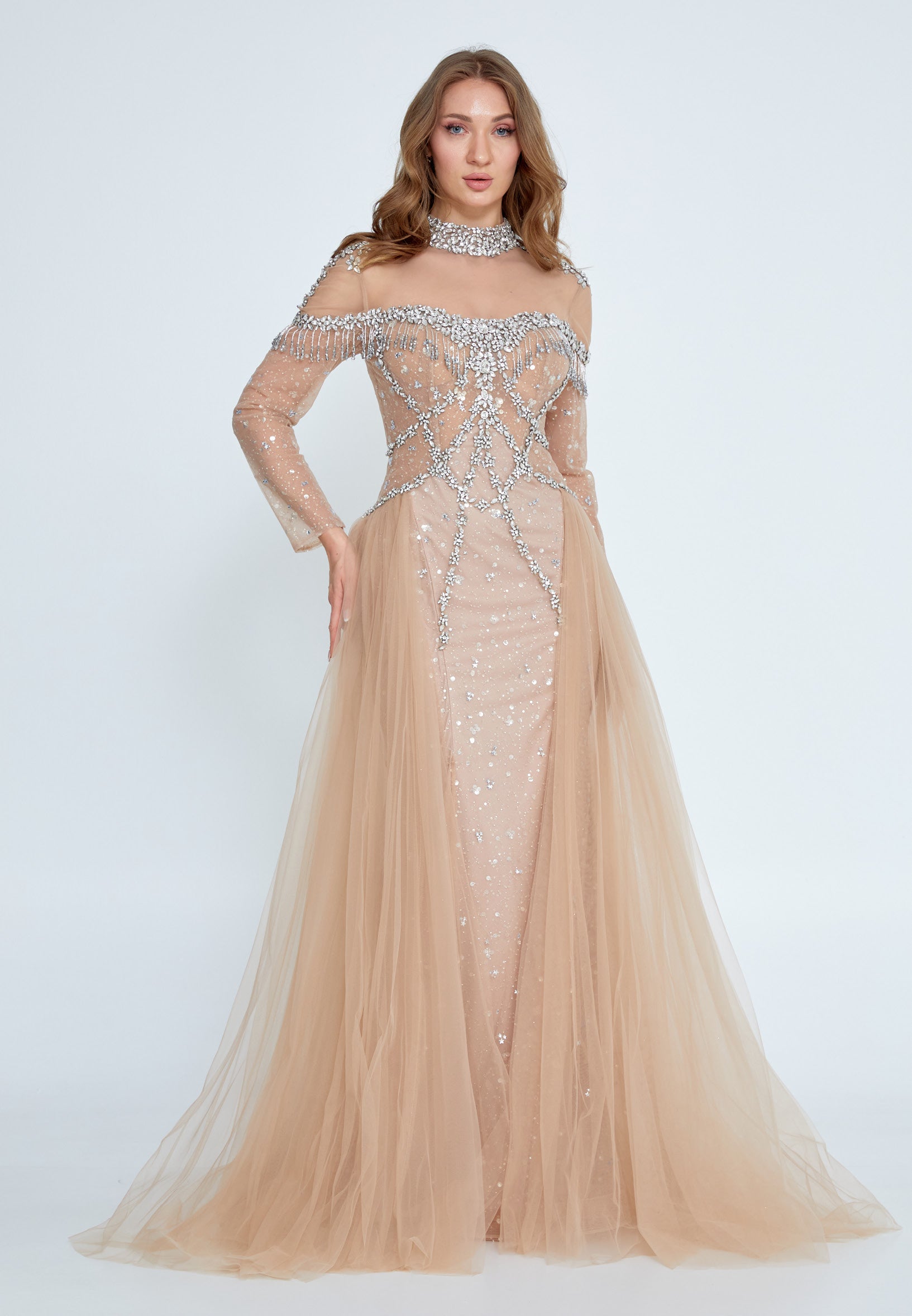 Long Sleeve Maxi Tulle Mermaid Regular Prom Dress Mti1009 Beige / 44 Long Sleeve Maxi Tulle Mermaid Regular Prom Dress Mti1009 Beige / 44
