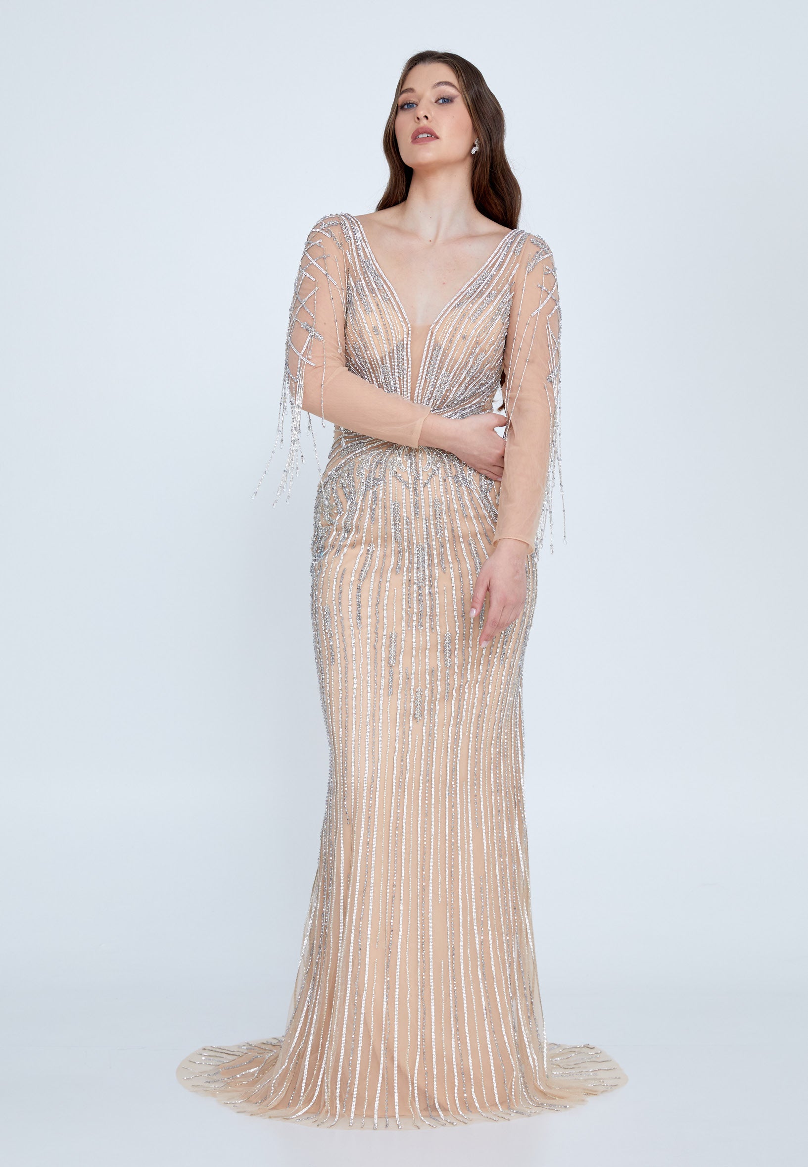 Long Sleeve Maxi Tulle Column Regular Wedding Guest Dress mti0702 Pink / 44 Long Sleeve Maxi Tulle Column Regular Wedding Guest Dress mti0702 Pink / 44