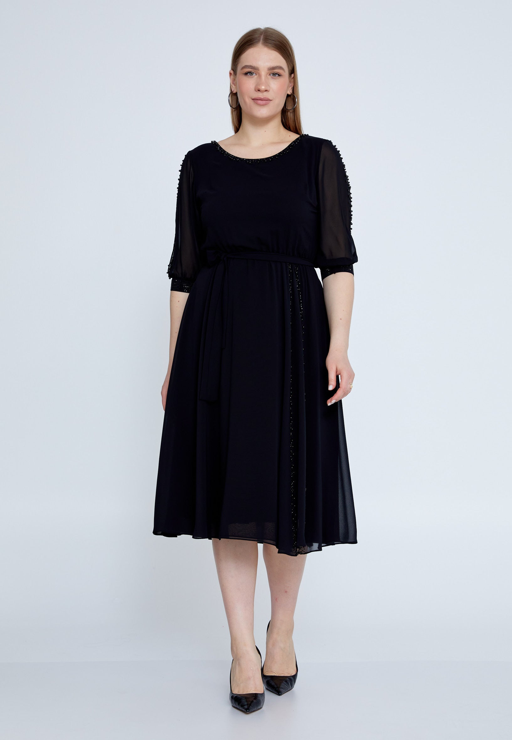 Short Sleeve Midi Chiffon Column Plus Size Casual Dress ayb20y9549