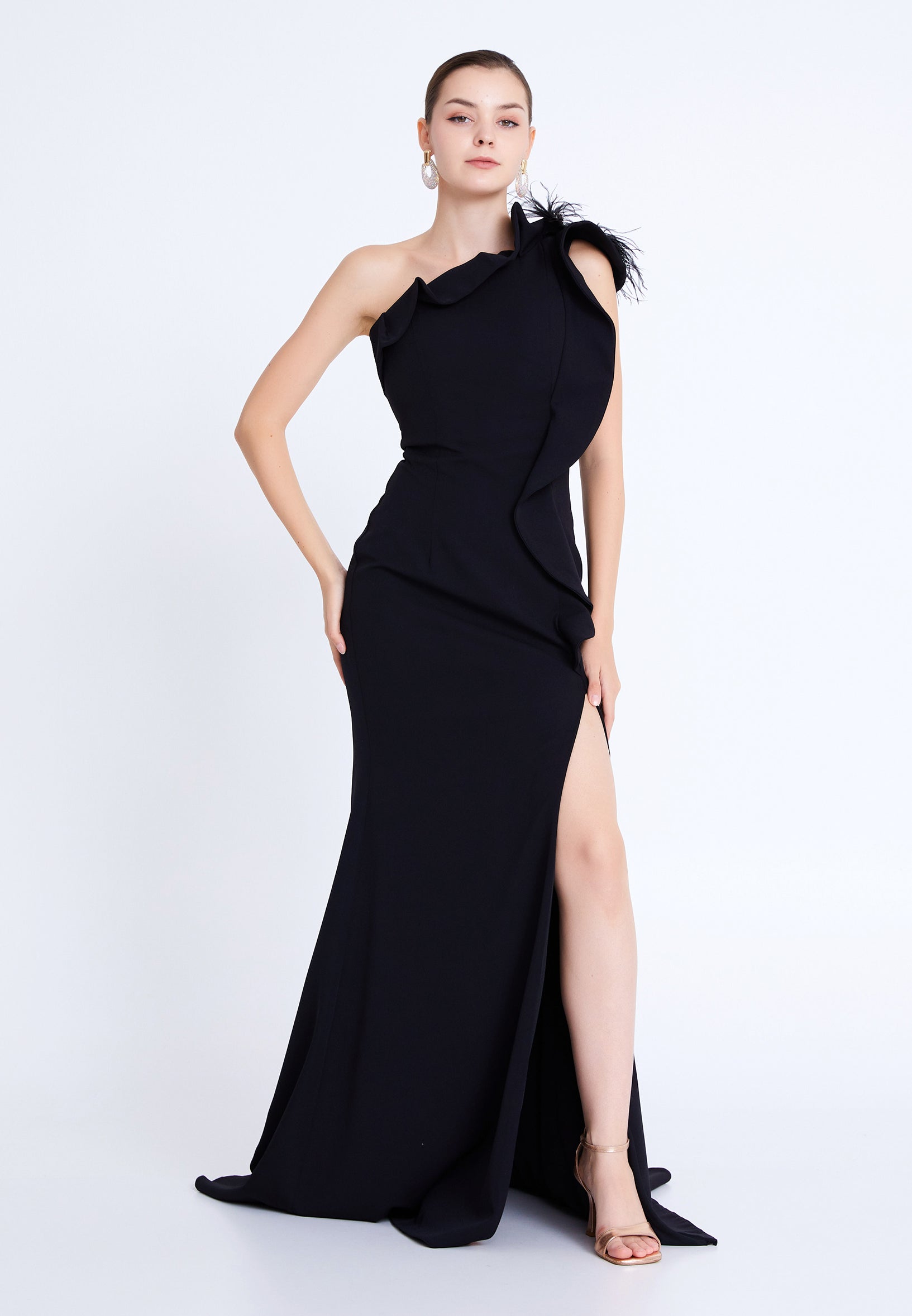 One Shoulder Cowl Neck Mermaid Ink Blue Wedding Guest Dress main image 0