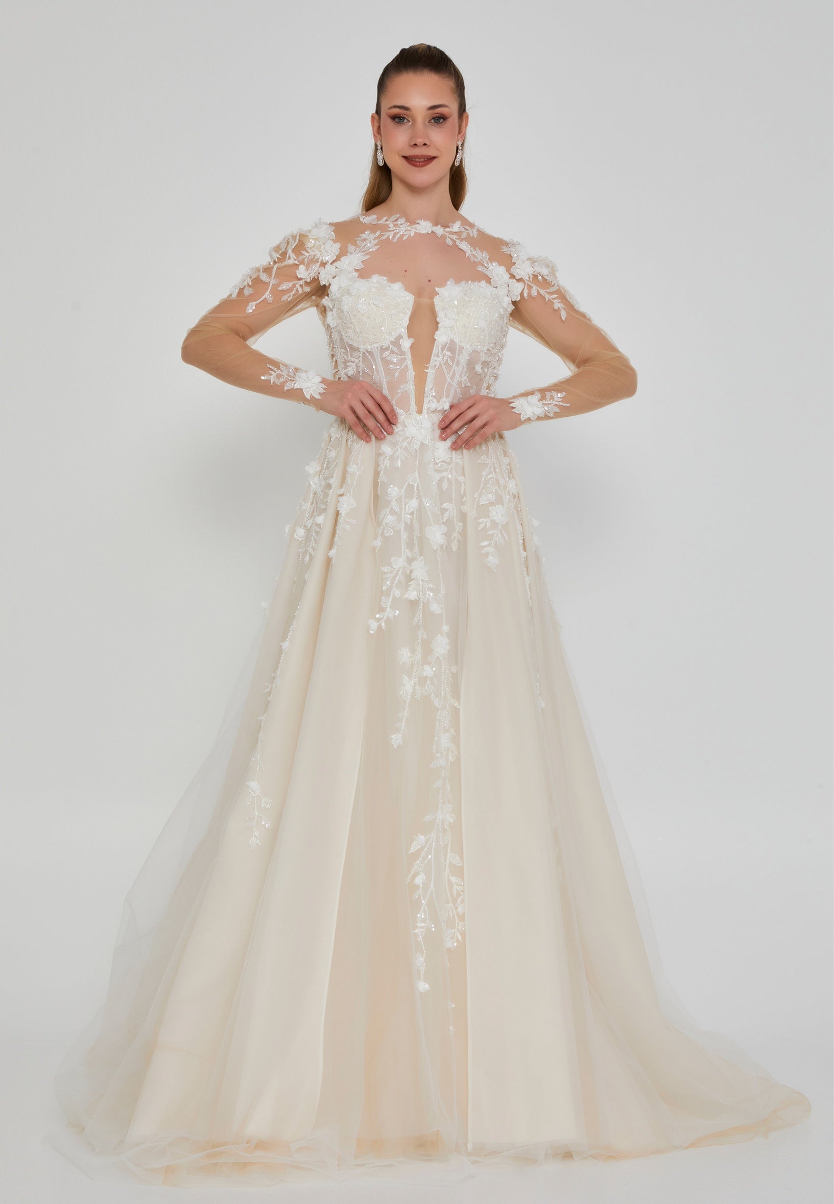 Long Sleeve Maxi Tulle Regular Wedding Dress abb25027