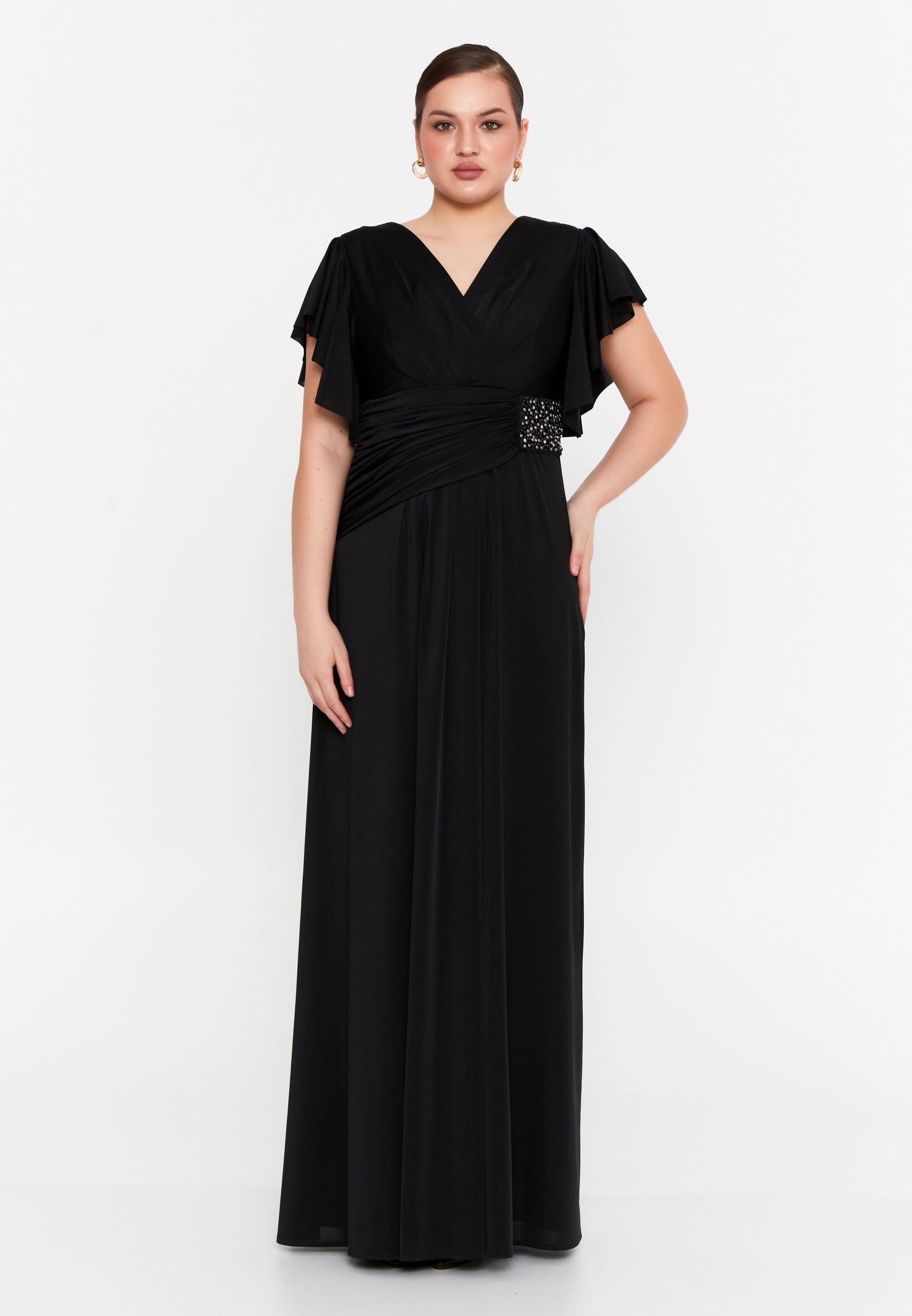 Long Sleeve Maxi Satin Column Plus Size Wedding Guest Dress gzk7015-1
