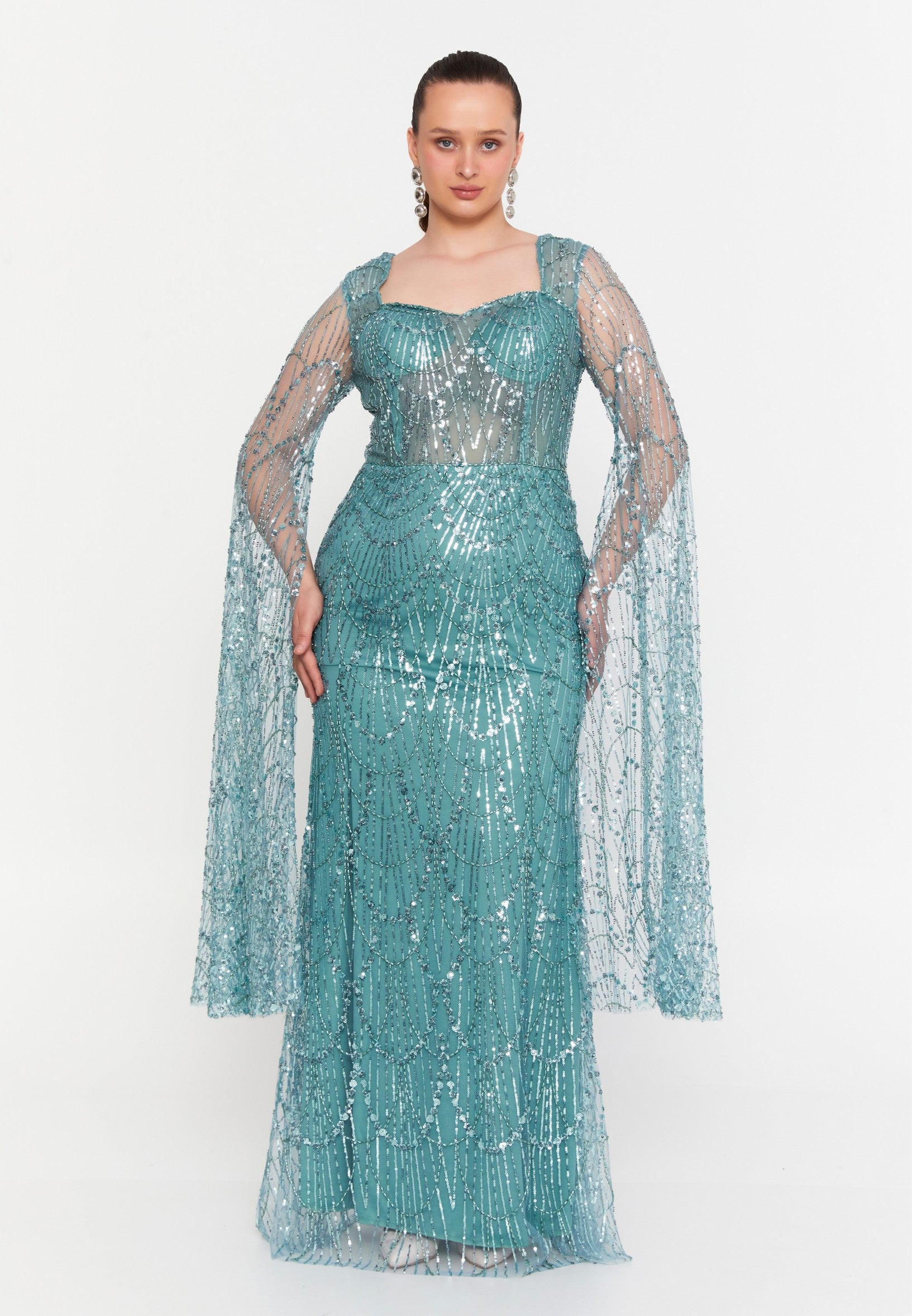 Long Sleeve Maxi Tulle Column Plus Size Wedding Guest Dress rmn3213-b main image 1