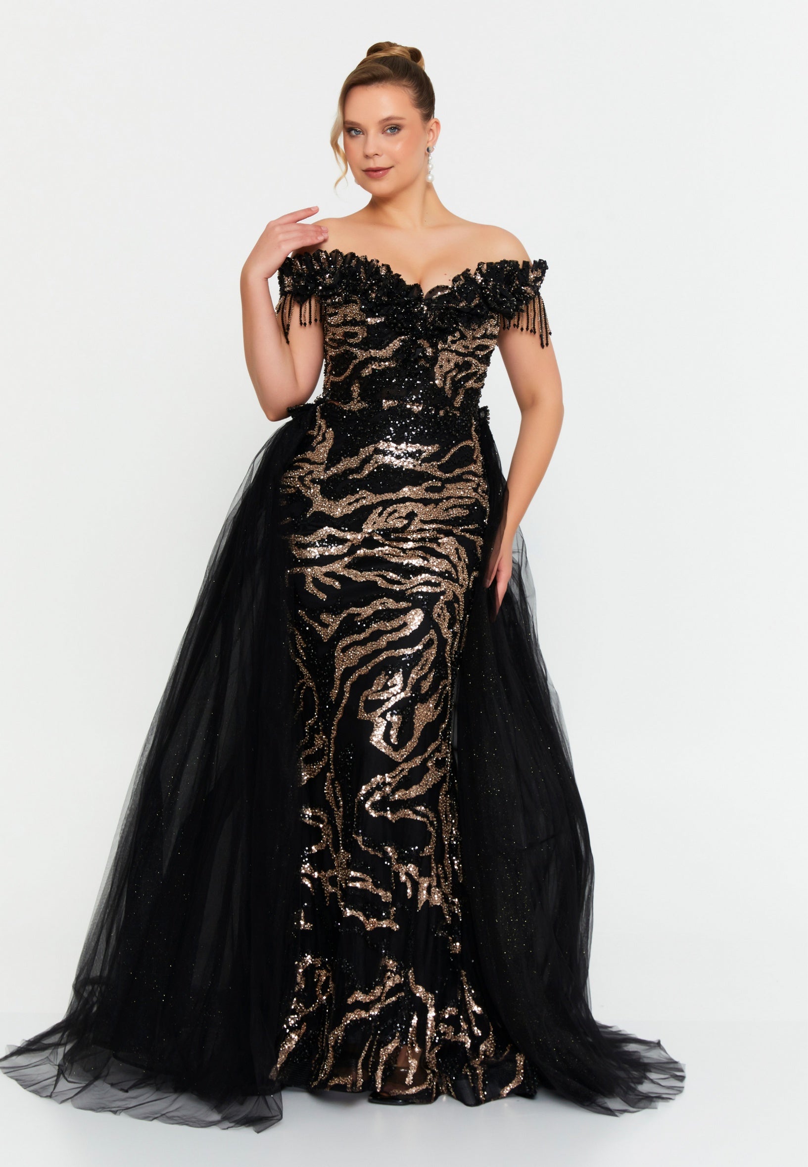 Off Shoulder Maxi Tulle Mermaid Regular Prom Dress mtc1053