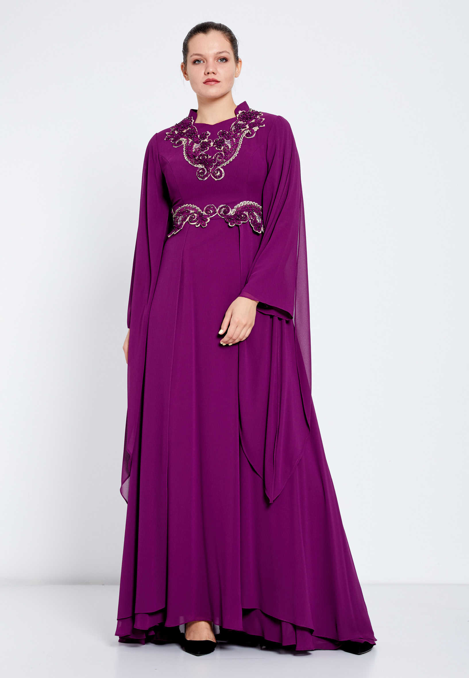 Long Sleeve Maxi Chiffon Column Regular Evening Dress Efl8410 Plum / 38-40-42-44