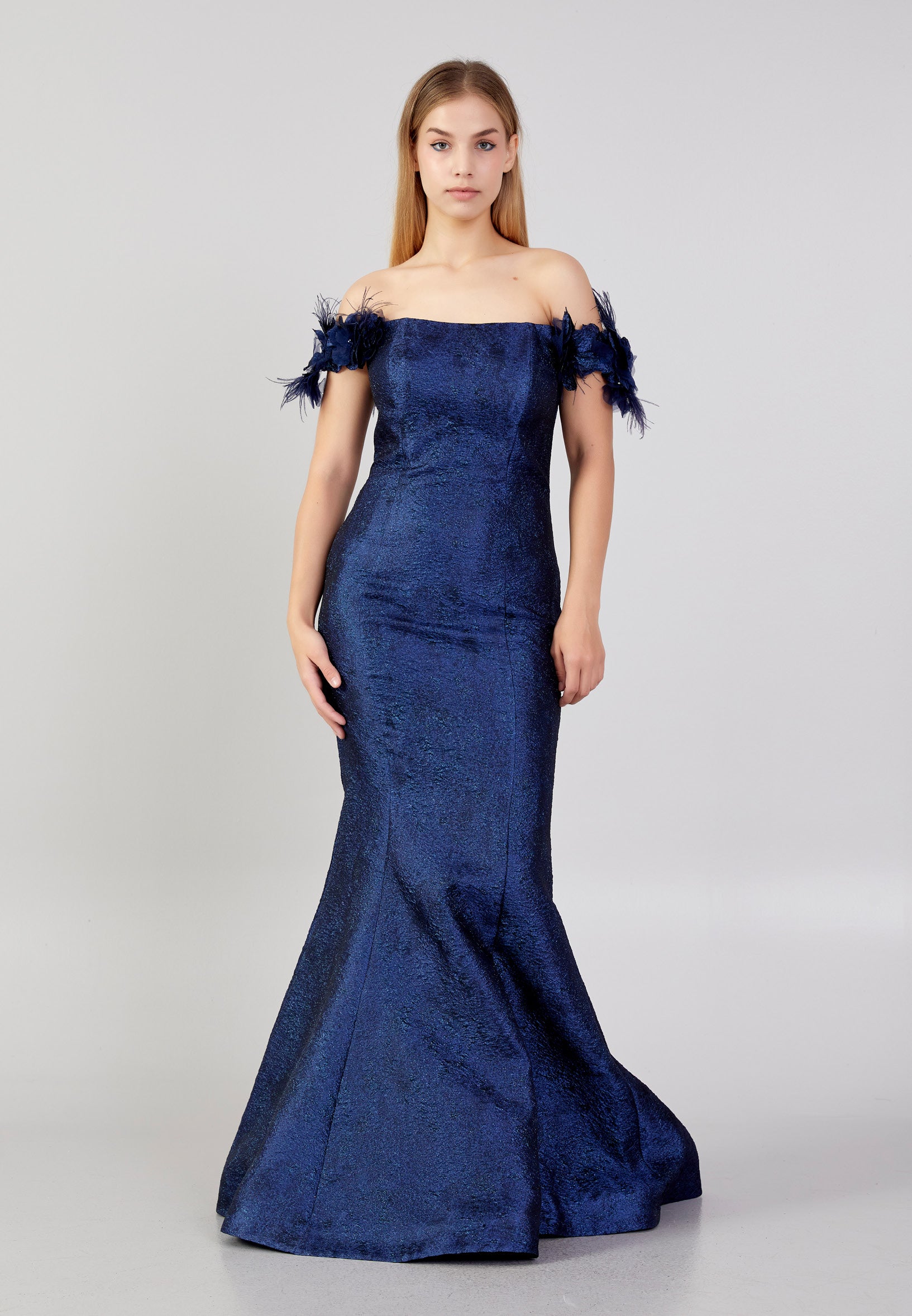 chinese dress ladies Off Shoulder Maxi Crepe Mermaid Plus Size Prom Dress ppl00587 Navy / 42-44-46