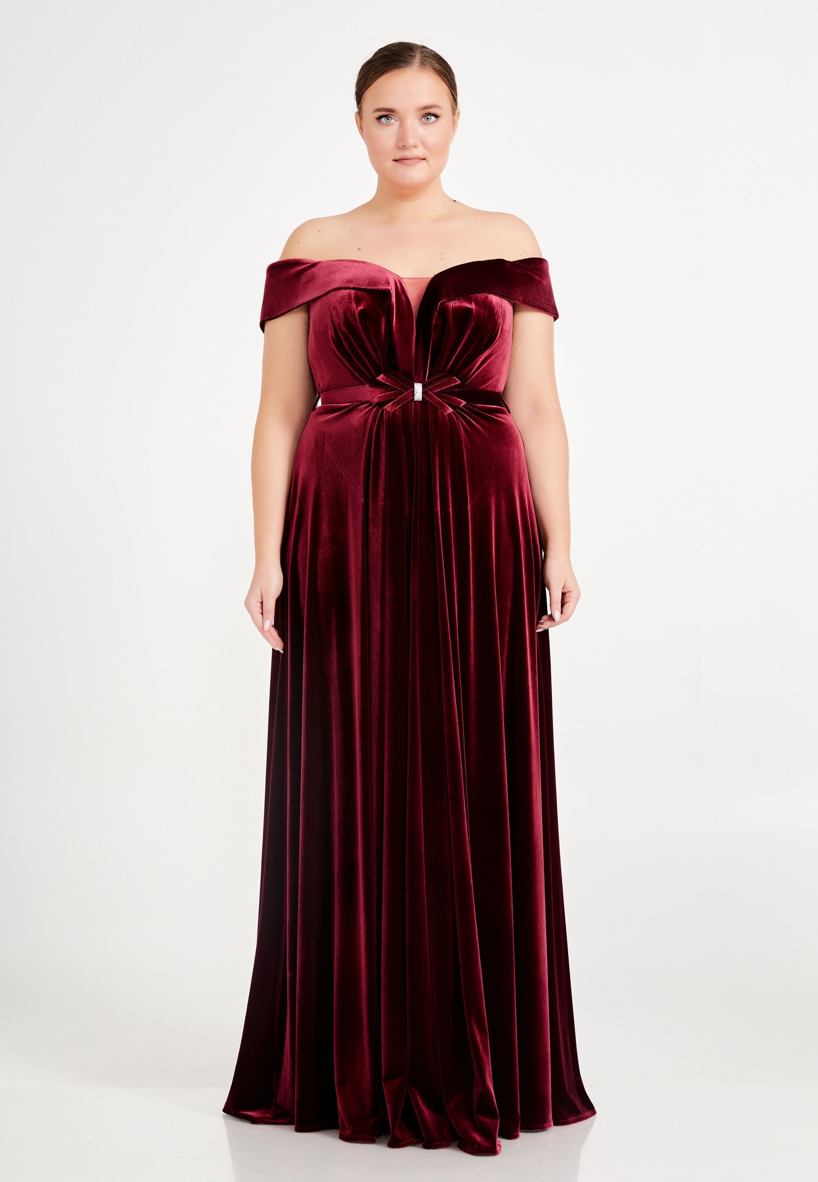 plus size velvet off the shoulder dress Xscape Plus Size Velvet Notch-Neck Off-The-Shoulder Gown - Burgundy