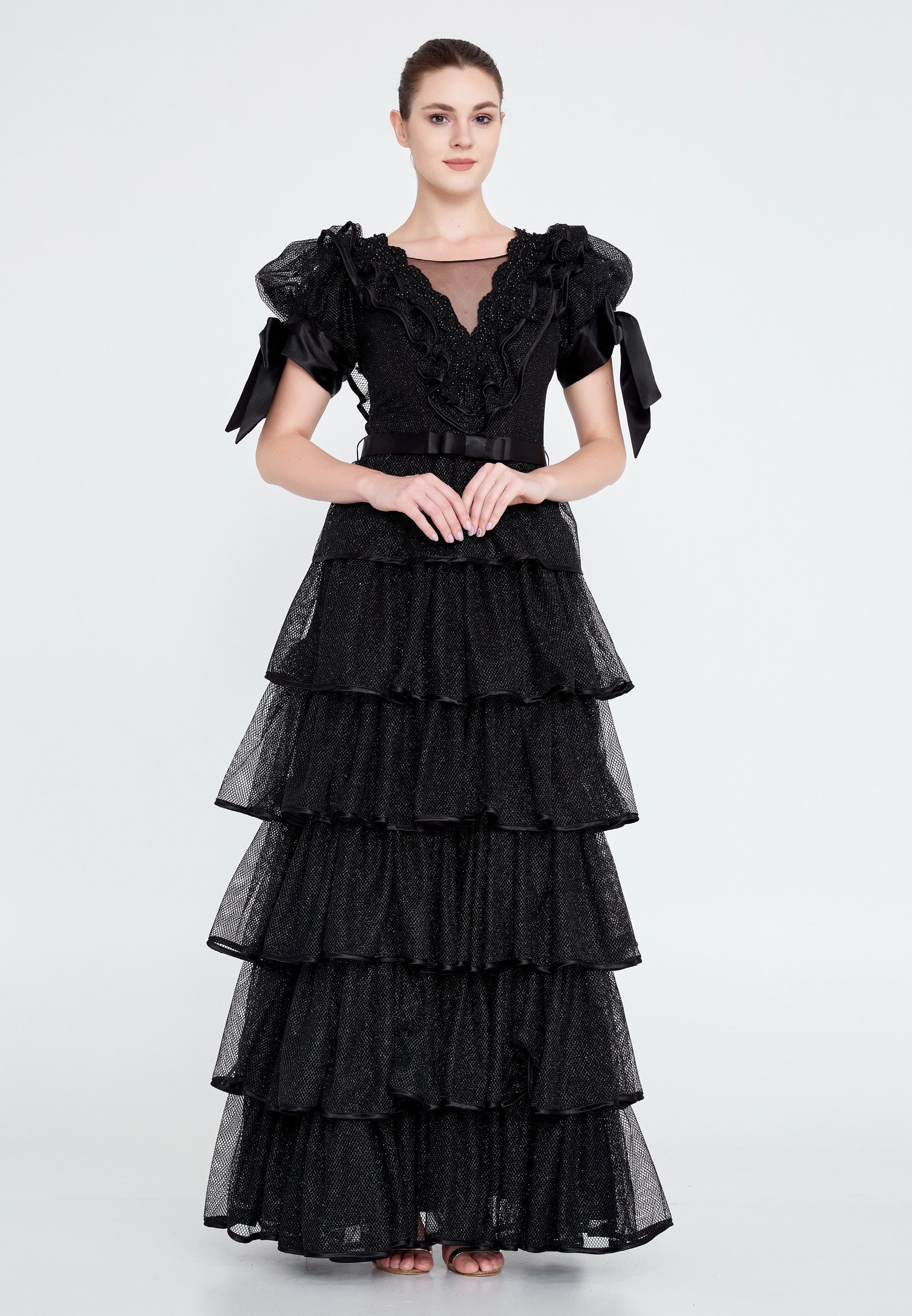 Short Sleeve Maxi Lace A - Line Regular Prom Dress crm8854 - Prom Dress - Istanbul Fashion Center