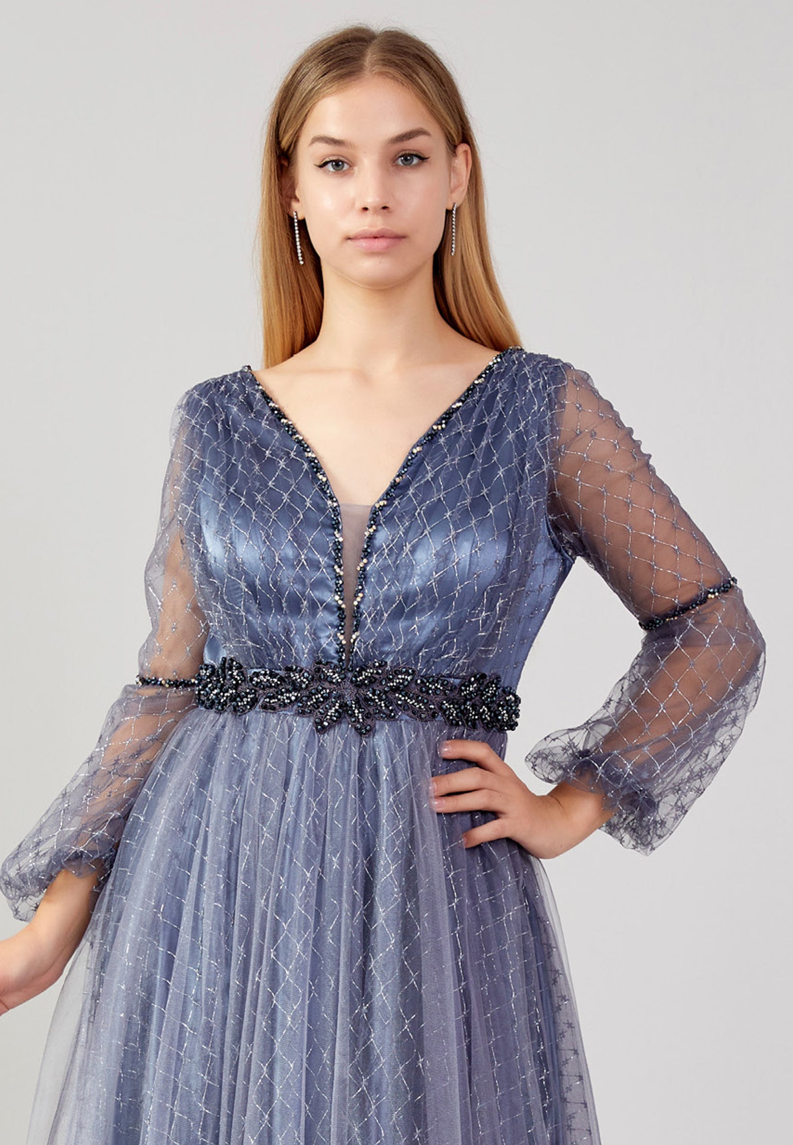 Long Sleeve Maxi Tulle A - Line Plus Size Prom Dress swr2292-b Anthracite / 44-46-48 Long Sleeve Maxi Tulle A - Line Plus Size Prom Dress swr2292-b Anthracite / 44-46-48