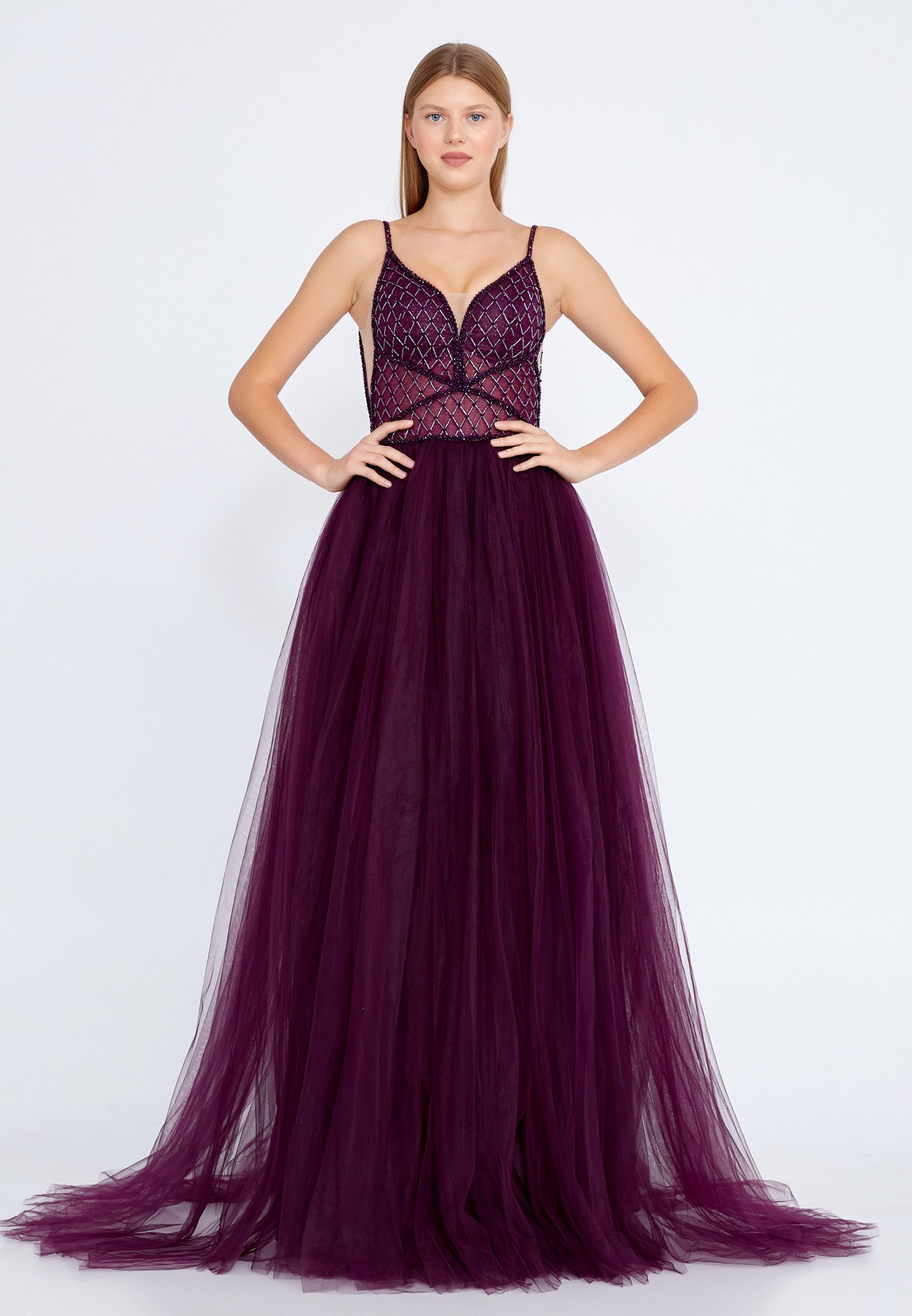Sleeveless Maxi Tulle A - Line Regular Prom Dress aln1438 - Prom Dress - Istanbul Fashion Center