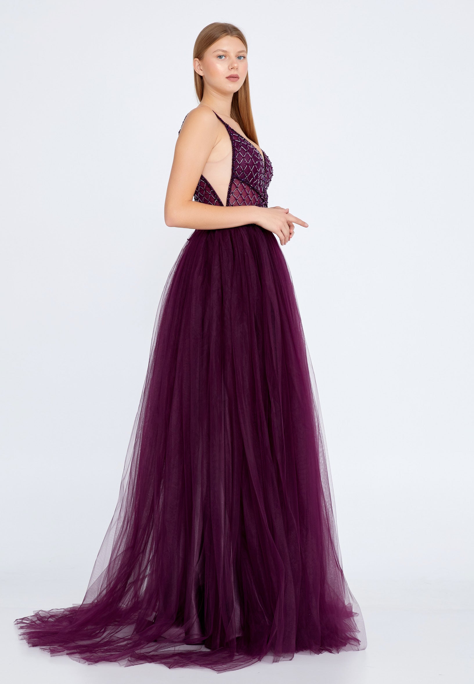 Sleeveless Maxi Tulle A - Line Regular Prom Dress aln1438 - Prom Dress - Istanbul Fashion Center