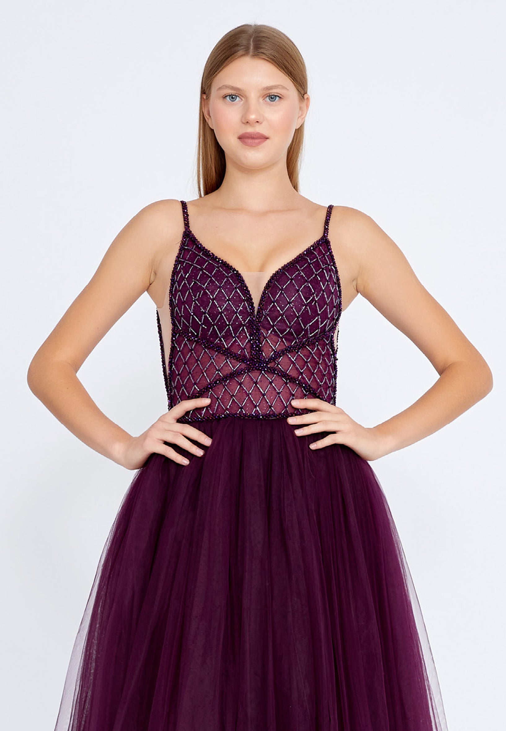 Sleeveless Maxi Tulle A - Line Regular Prom Dress aln1438 - Prom Dress - Istanbul Fashion Center