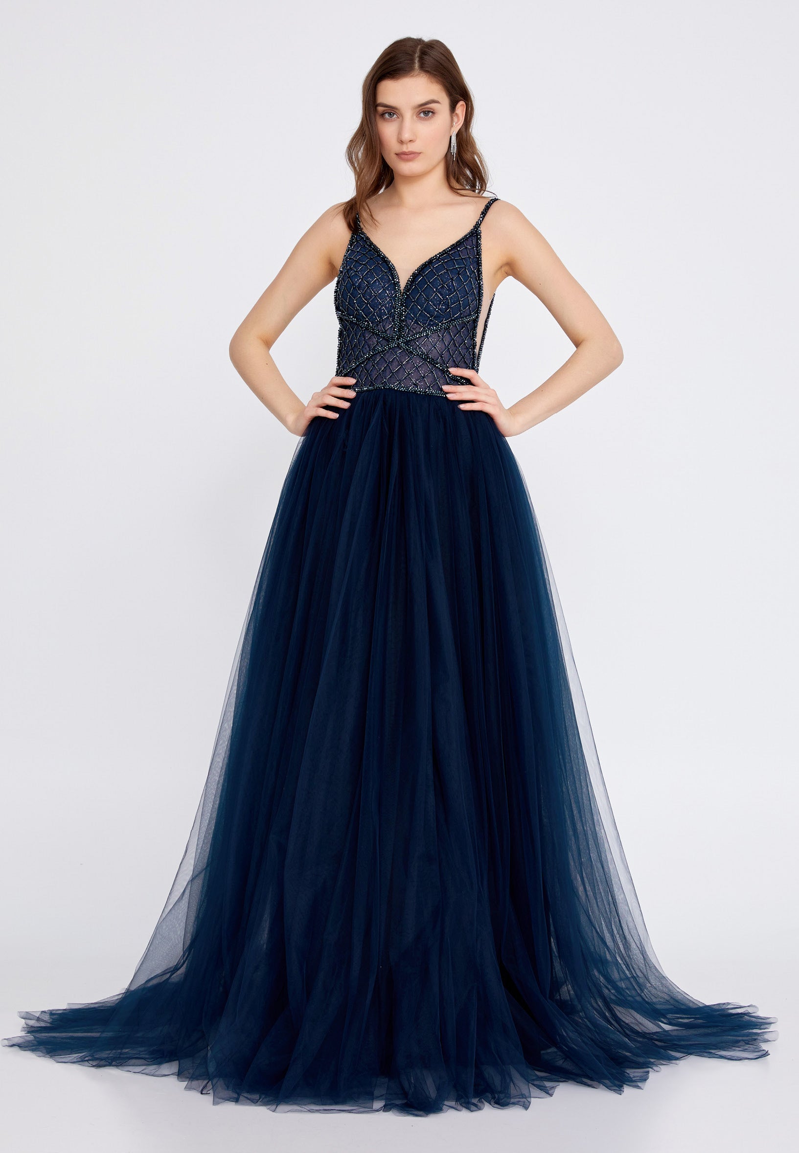Sleeveless Maxi Tulle A - Line Regular Prom Dress aln1438 - Prom Dress - Istanbul Fashion Center