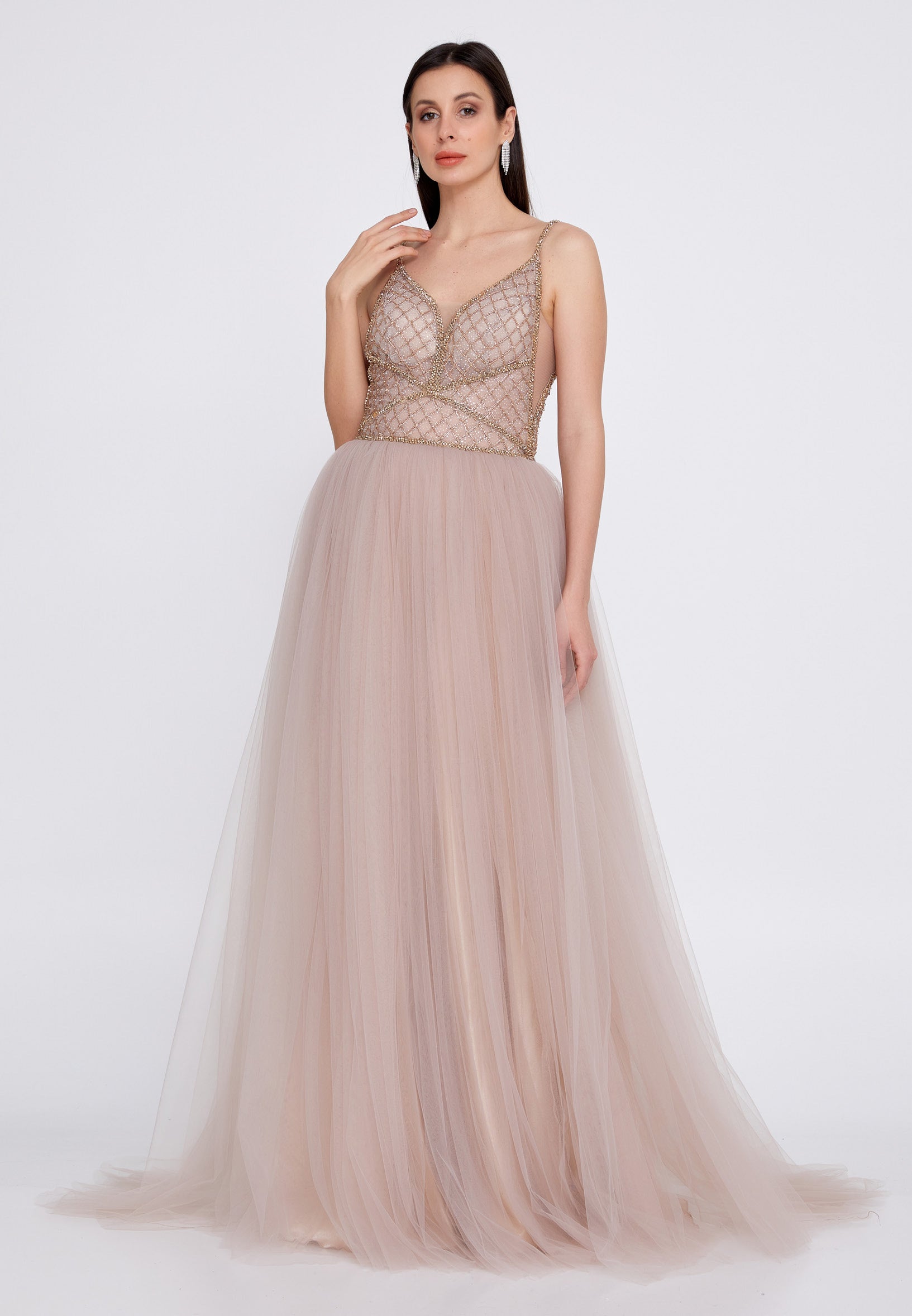 Sleeveless Maxi Tulle A - Line Regular Prom Dress aln1438 - Prom Dress - Istanbul Fashion Center