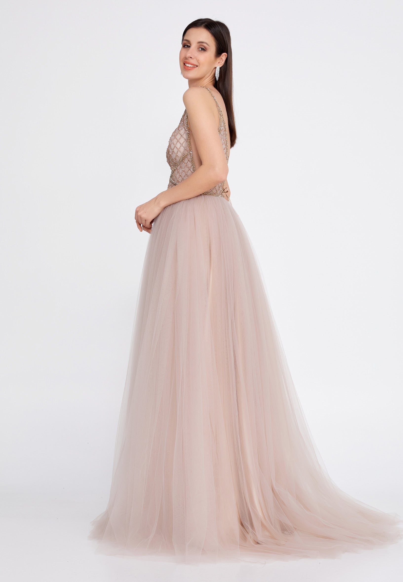 Sleeveless Maxi Tulle A - Line Regular Prom Dress aln1438 - Prom Dress - Istanbul Fashion Center