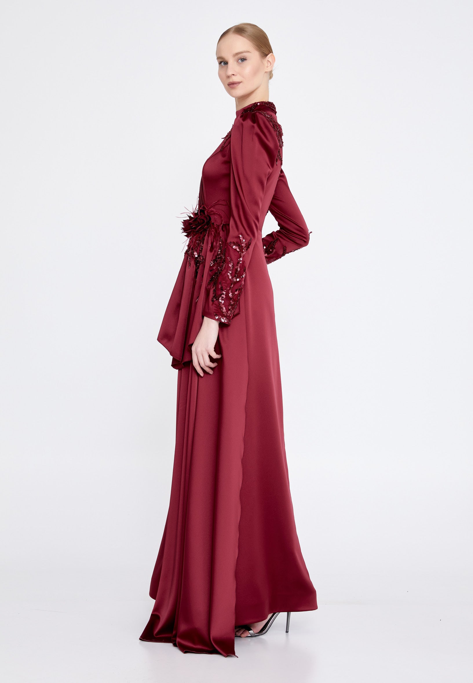 Long Sleeve Maxi Satin Mermaid Regular Wedding Guest Dress gzk7008 Burgundy / 40 Long Sleeve Maxi Satin Mermaid Regular Wedding Guest Dress gzk7008 Burgundy / 40