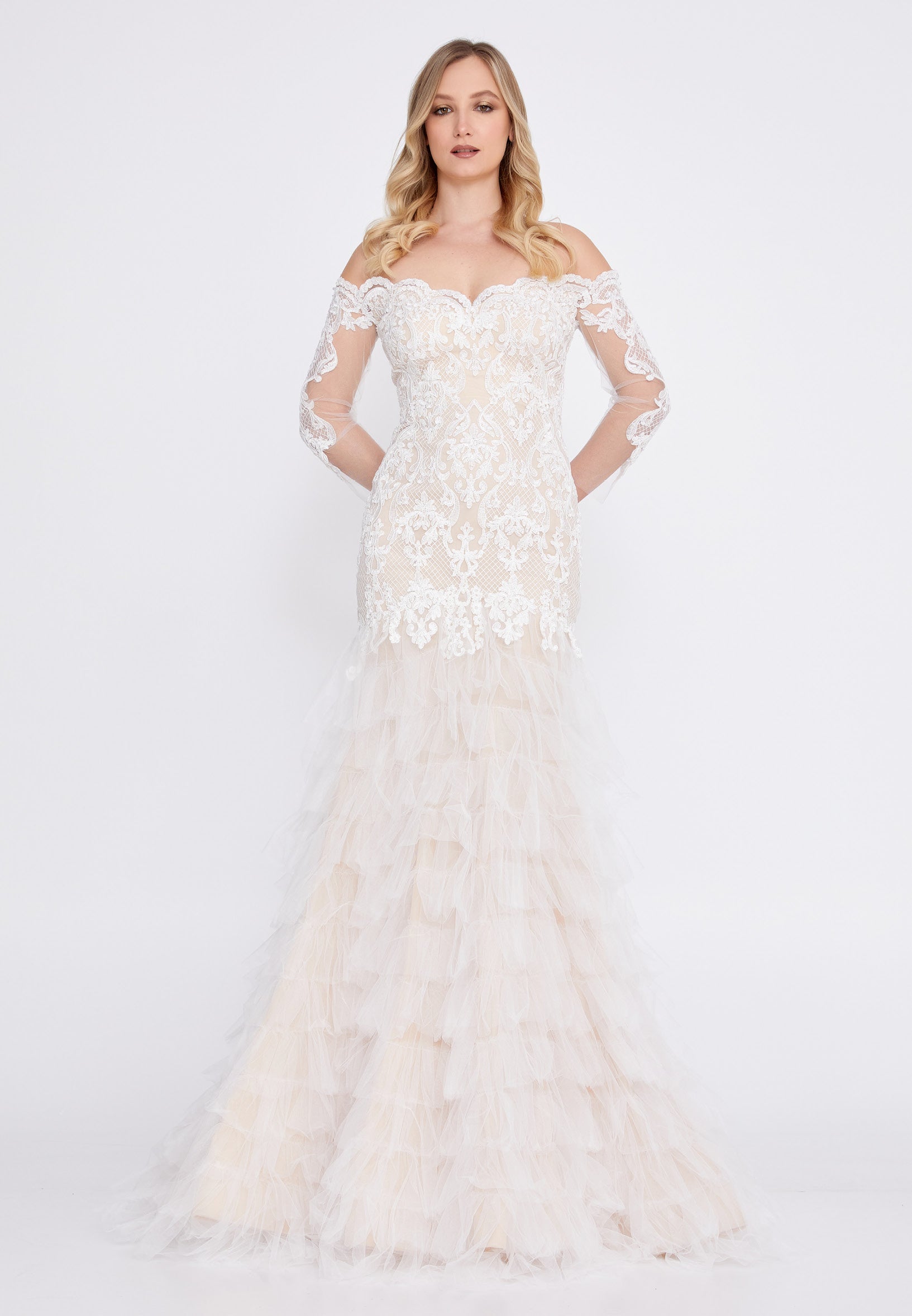 off the shoulder fit and flare prom dress Nox Anabel F1571 Long Formal Sequin Applique Top Prom Dress