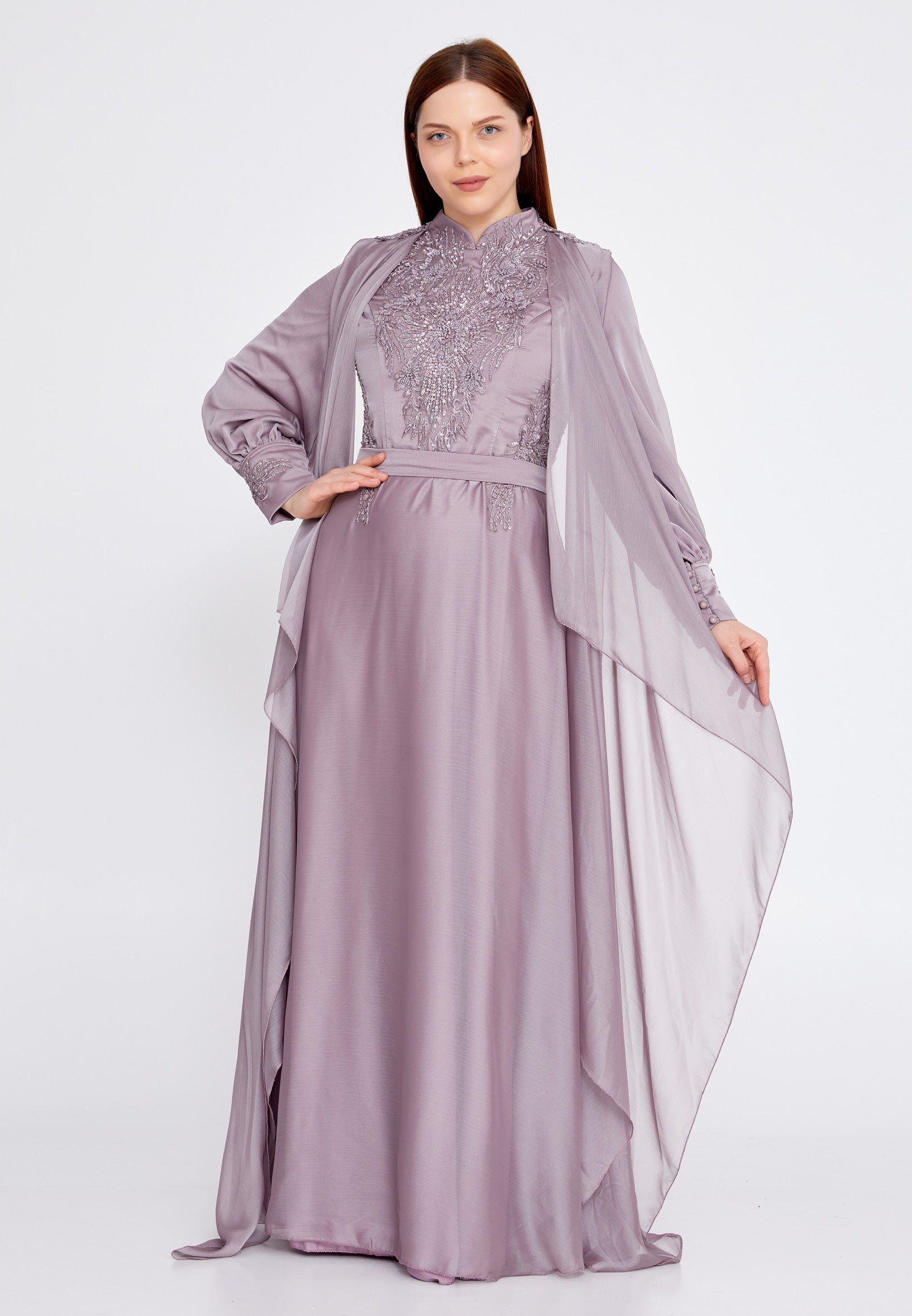 Long Sleeve Maxi Chiffon Column Plus Size Wedding Guest Dress eck9007-b