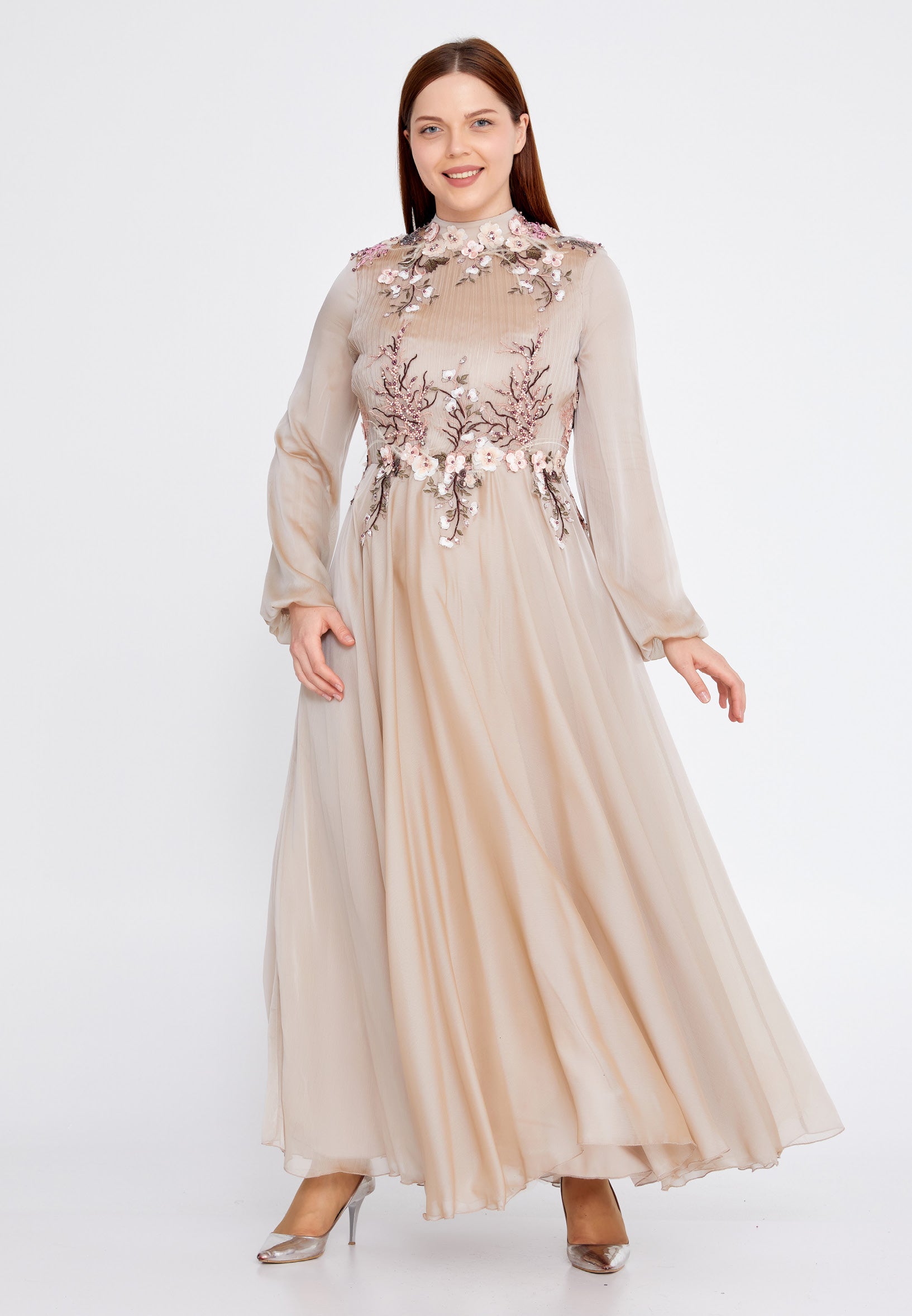 Long Sleeve Maxi Tulle A - Line Plus Size Wedding Guest Dress gzk7011