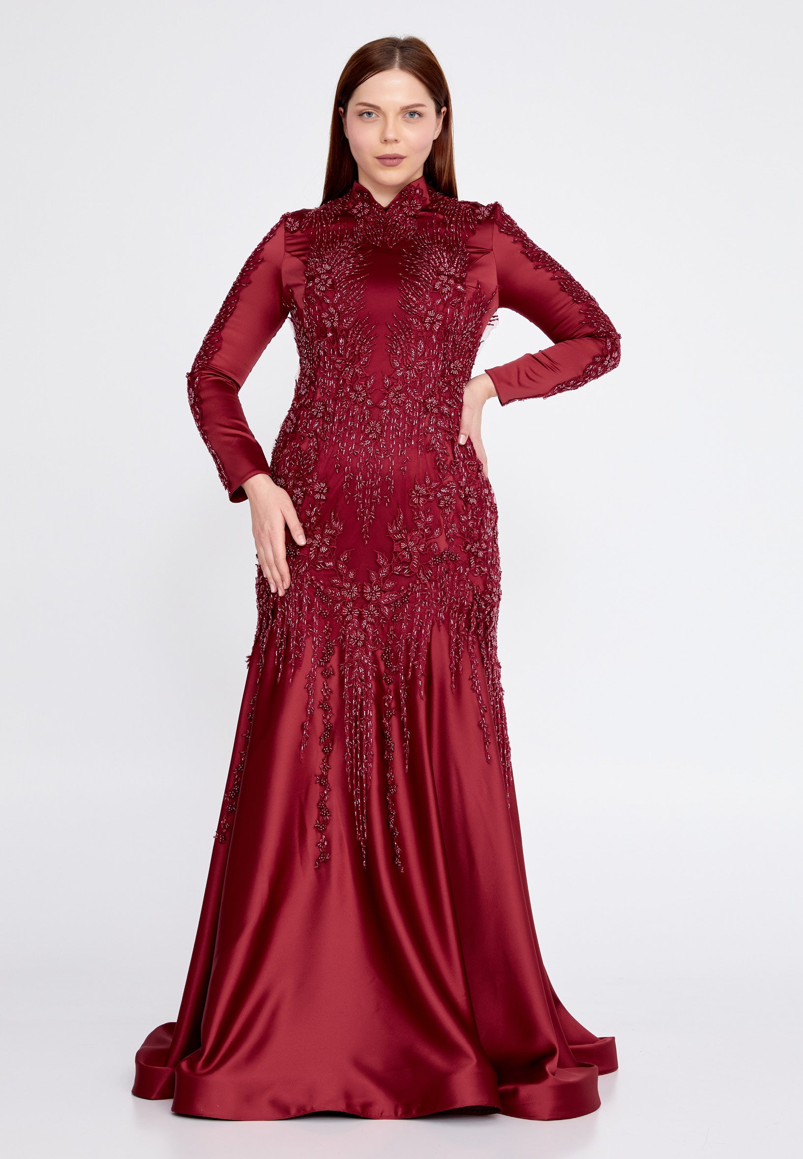 Long Sleeve Maxi Satin Fit & Flare Plus Size Wedding Guest Dress gzk7014-1