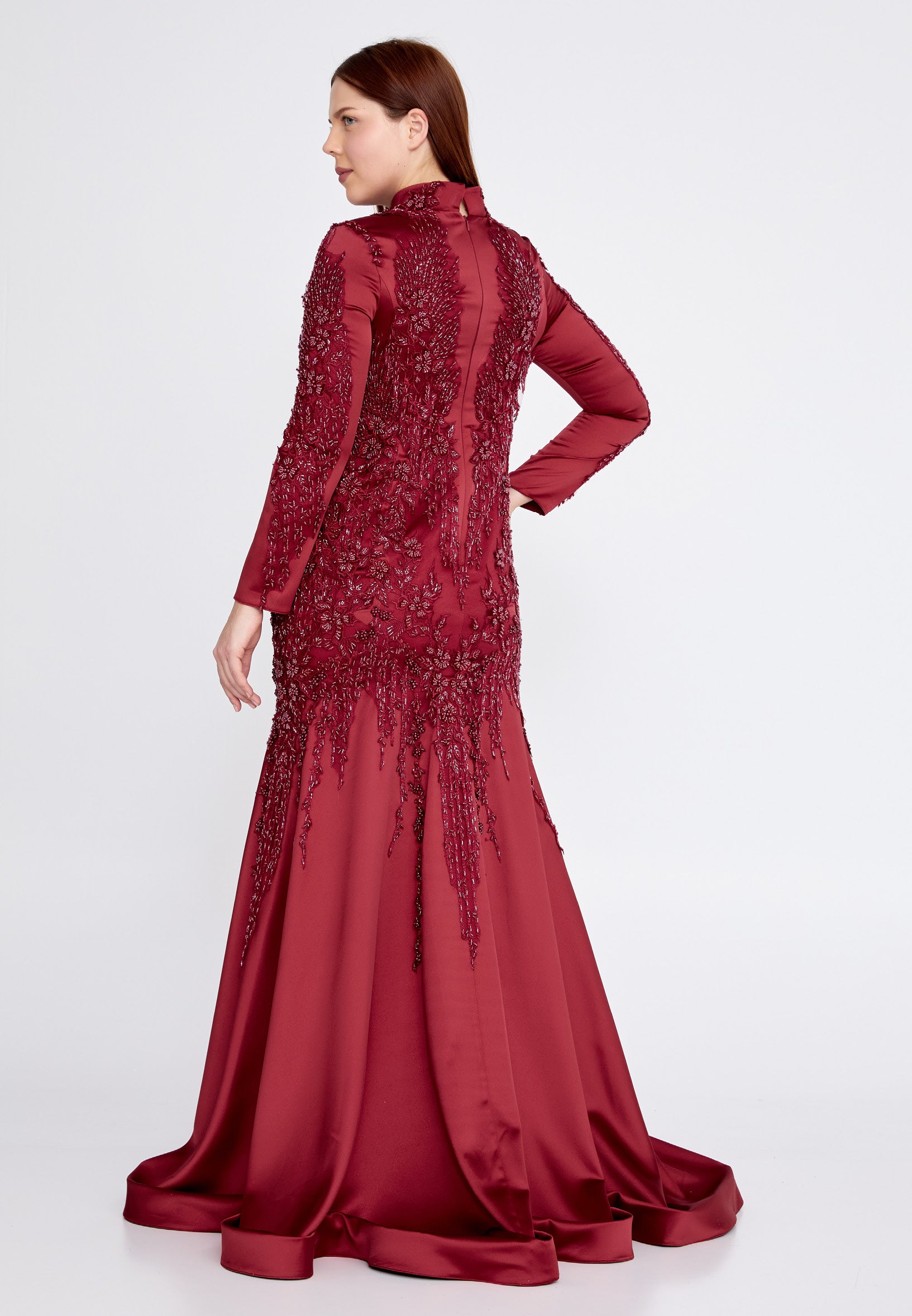 Long Sleeve Maxi Satin Fit & Flare Plus Size Wedding Guest Dress gzk7014-1 Burgundy / 44 Long Sleeve Maxi Satin Fit & Flare Plus Size Wedding Guest Dress gzk7014-1 Burgundy / 44