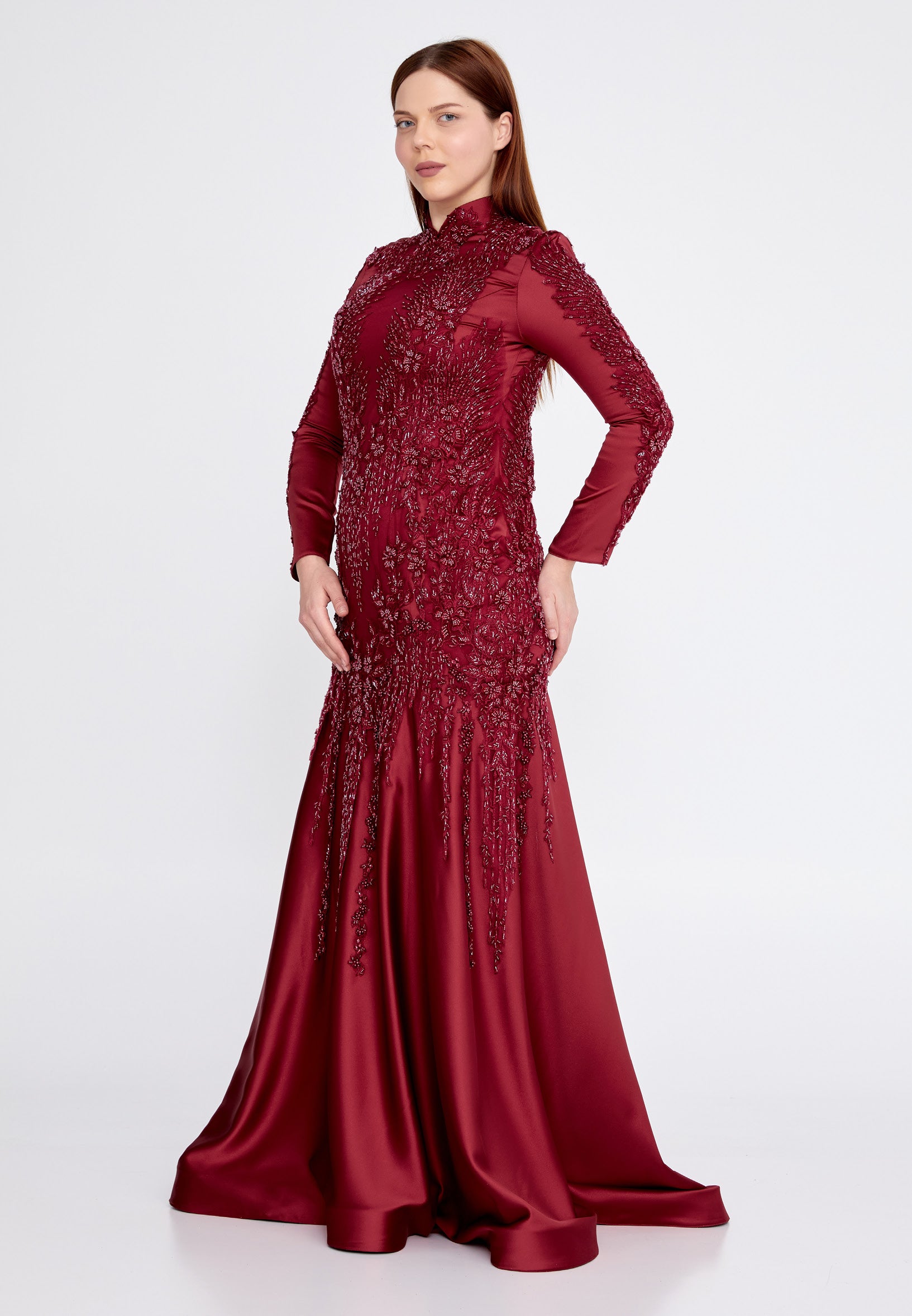 Long Sleeve Maxi Satin Fit & Flare Plus Size Wedding Guest Dress Gzk7014-1 Burgundy / 44 Long Sleeve Maxi Satin Fit & Flare Plus Size Wedding Guest Dress Gzk7014-1 Burgundy / 44