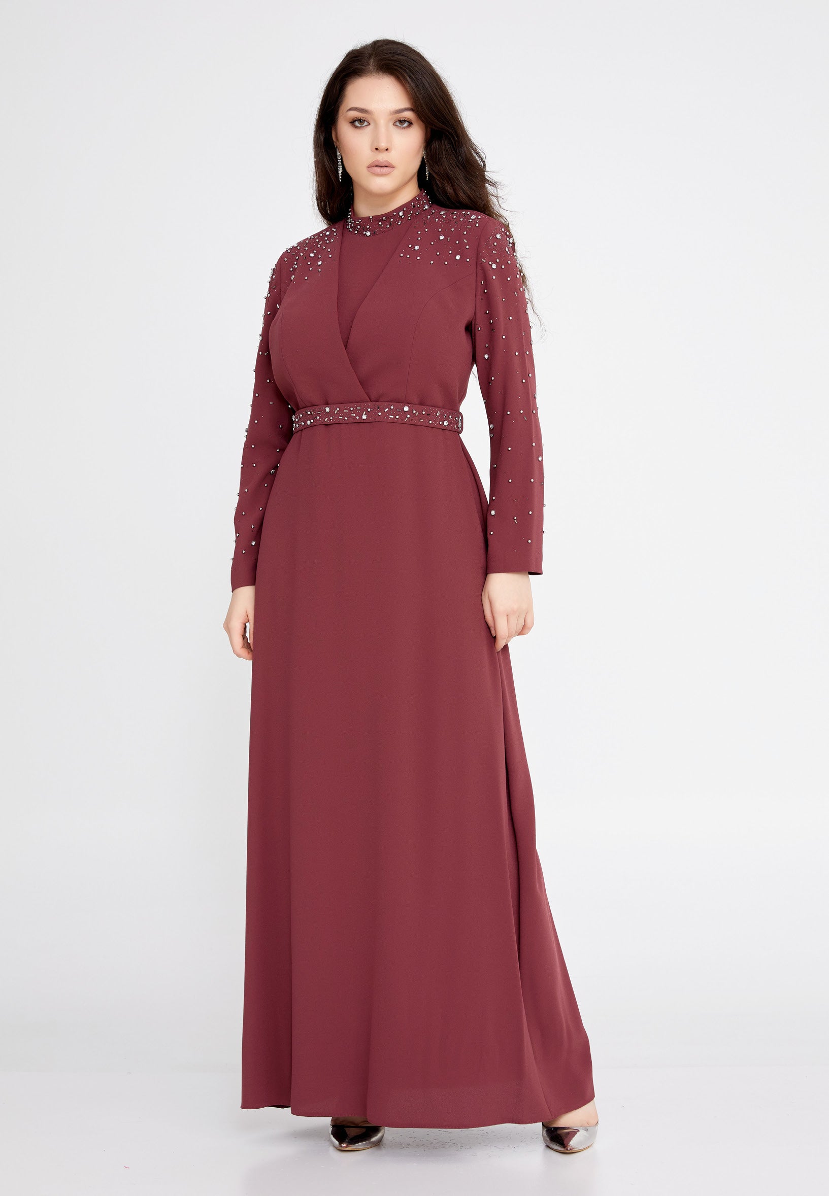 Long Sleeve Maxi Crepe Column Plus Size Evening Dress leq2141-b Burgundy / 42-44-46 Long Sleeve Maxi Crepe Column Plus Size Evening Dress leq2141-b Burgundy / 42-44-46