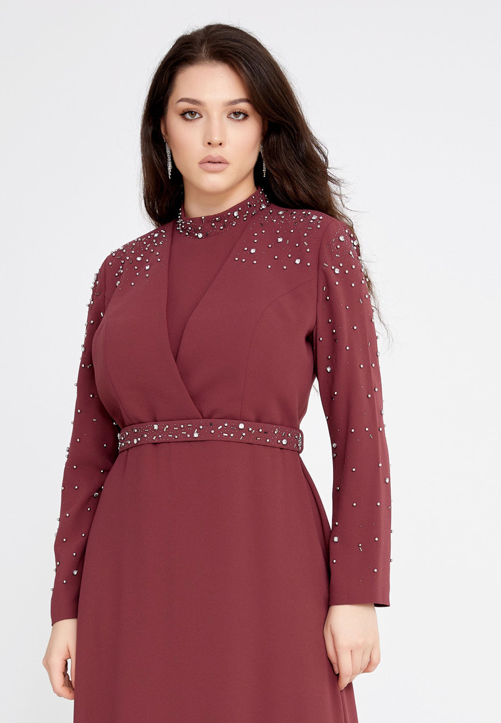Long Sleeve Maxi Crepe Column Plus Size Evening Dress Leq2141-B Burgundy / 42-44-46 Long Sleeve Maxi Crepe Column Plus Size Evening Dress Leq2141-B Burgundy / 42-44-46